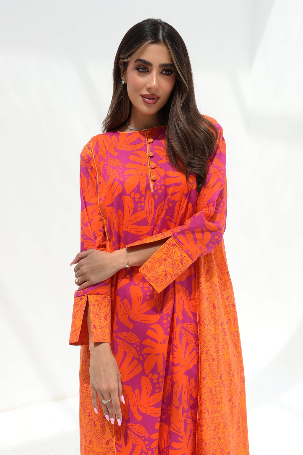 Zahwa — C20 — Orange & Magenta Tropical Leaf Print Cotton Jalabiya