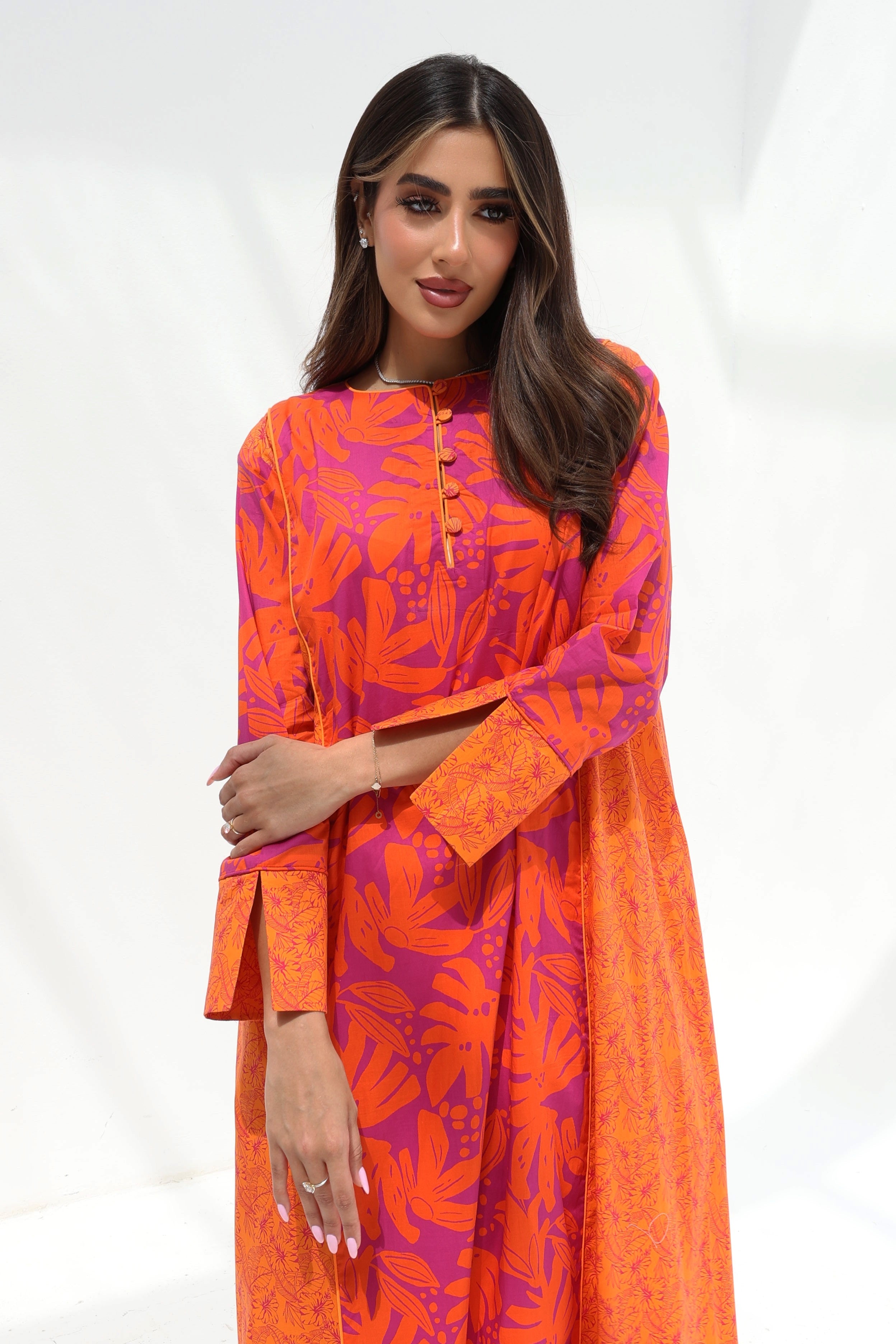 Zahwa — C20 — Orange & Magenta Tropical Leaf Print Cotton Jalabiya