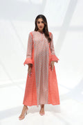 Basma — C21 — Coral & Sage Geometric Medallion Print Broderie Contrast Ruffle Cuff Cotton Jalabiya