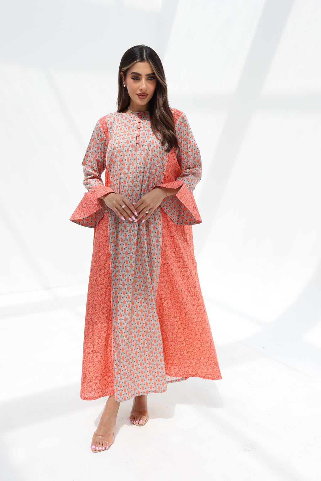 Basma — C21 — Coral & Sage Geometric Medallion Print Broderie Contrast Ruffle Cuff Cotton Jalabiya