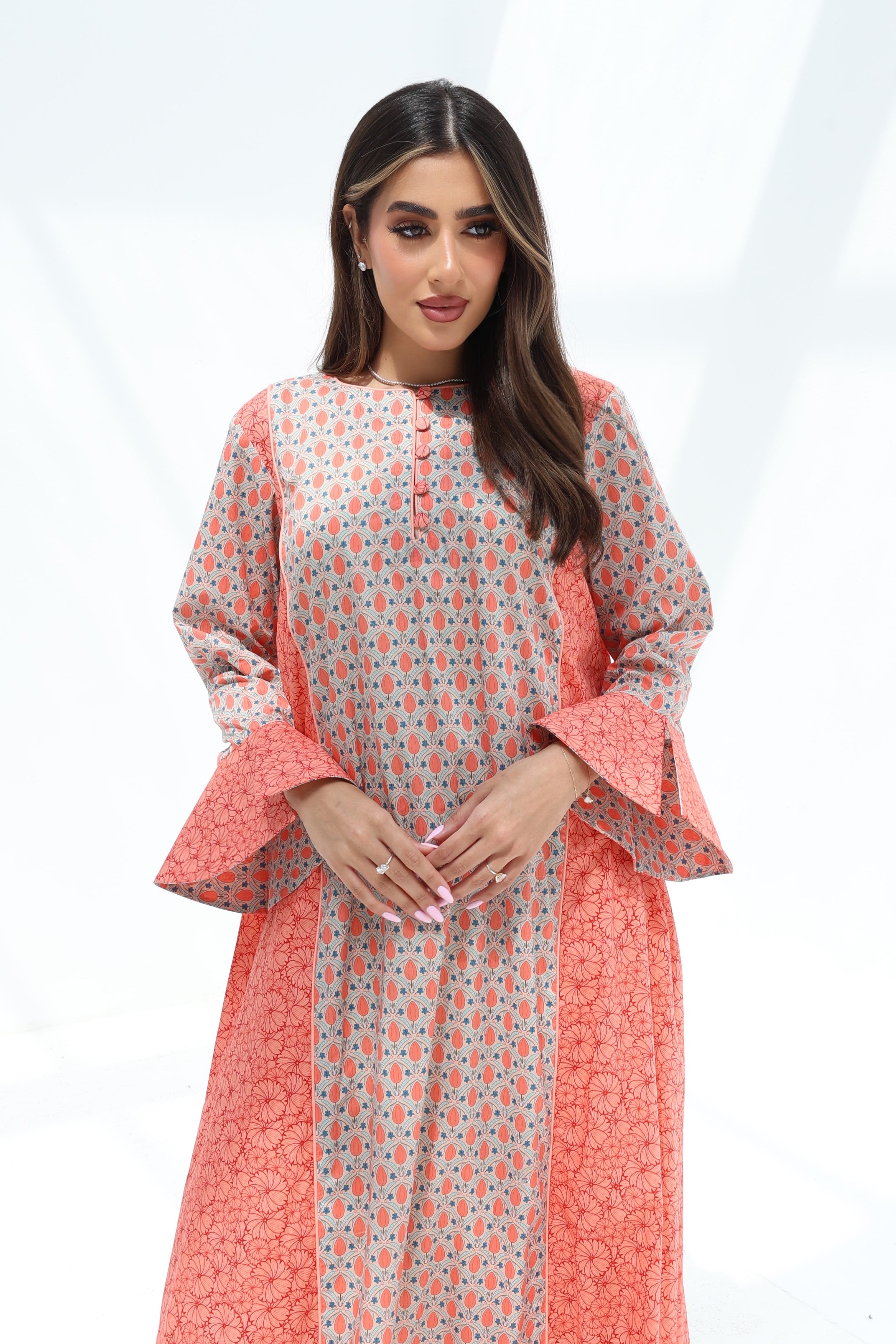 Basma — C21 — Coral & Sage Geometric Medallion Print Broderie Contrast Ruffle Cuff Cotton Jalabiya