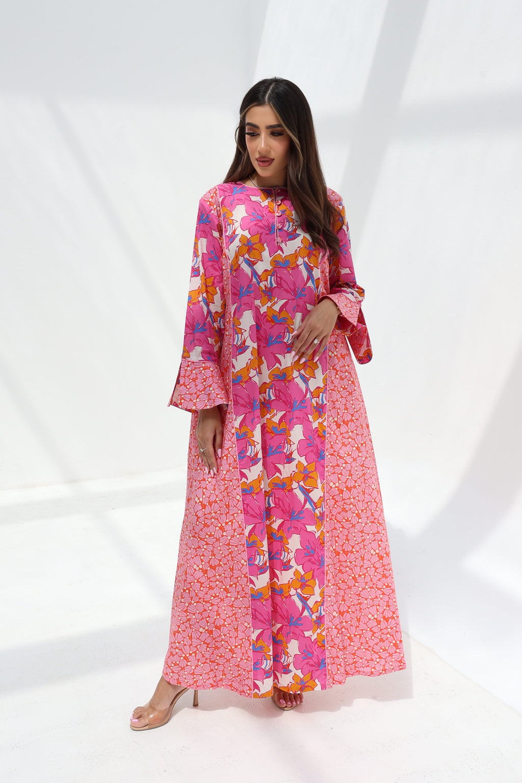 Jouri — C22 — Hot Pink & Orange Bold Tropical Floral Mosaic Contrast Ruffle Cuff Cotton Jalabiya