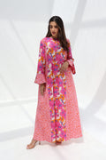 Jouri — C22 — Hot Pink & Orange Bold Tropical Floral Mosaic Contrast Ruffle Cuff Cotton Jalabiya