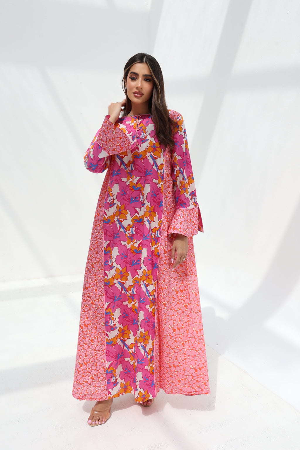 Jouri — C22 — Hot Pink & Orange Bold Tropical Floral Mosaic Contrast Ruffle Cuff Cotton Jalabiya