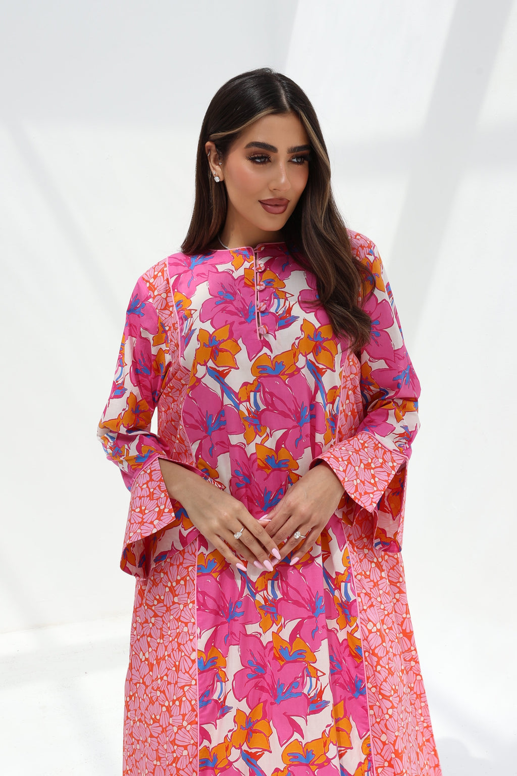 Jouri — C22 — Hot Pink & Orange Bold Tropical Floral Mosaic Contrast Ruffle Cuff Cotton Jalabiya