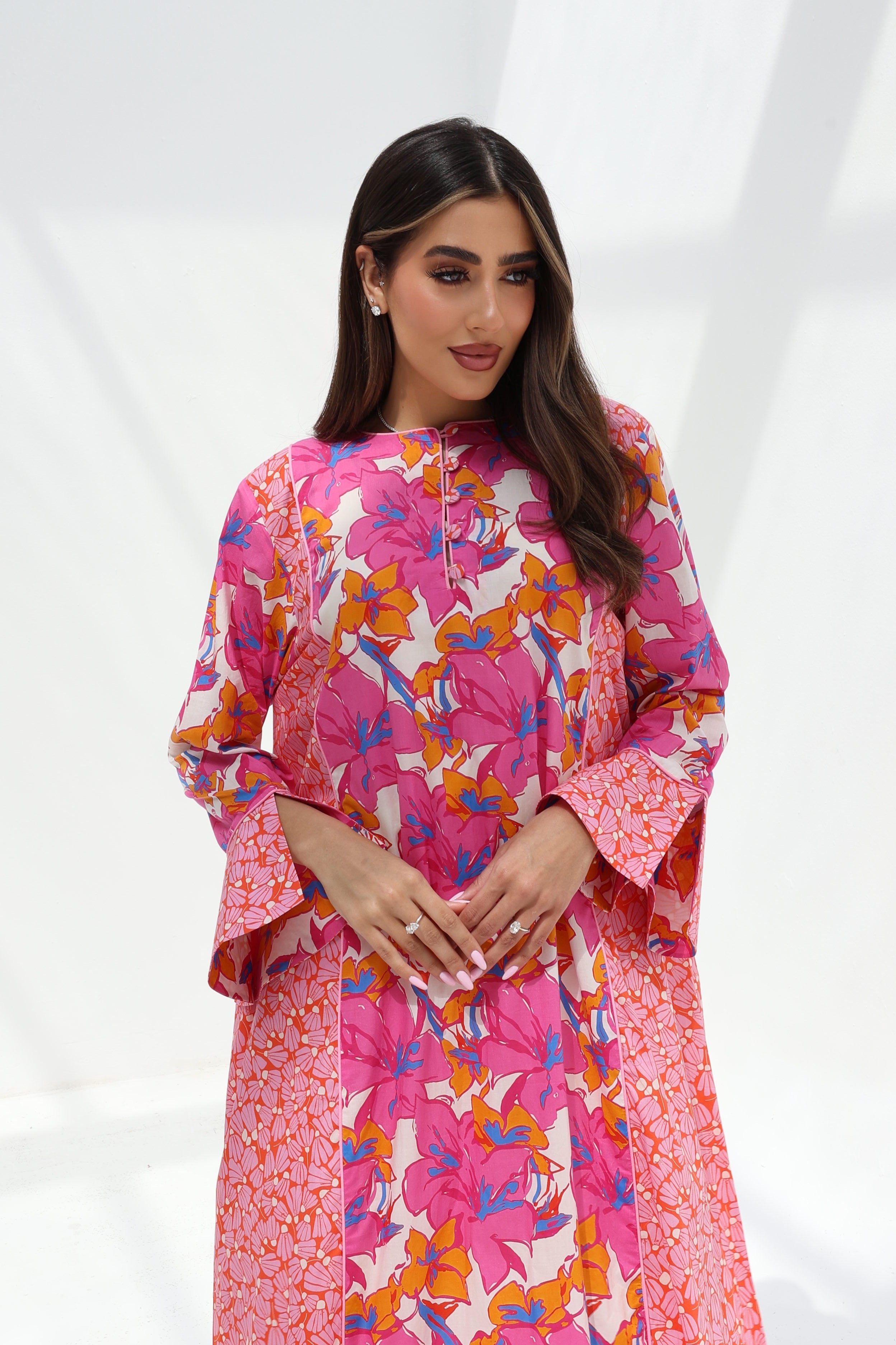 Jouri — C22 — Hot Pink & Orange Bold Tropical Floral Mosaic Contrast Ruffle Cuff Cotton Jalabiya