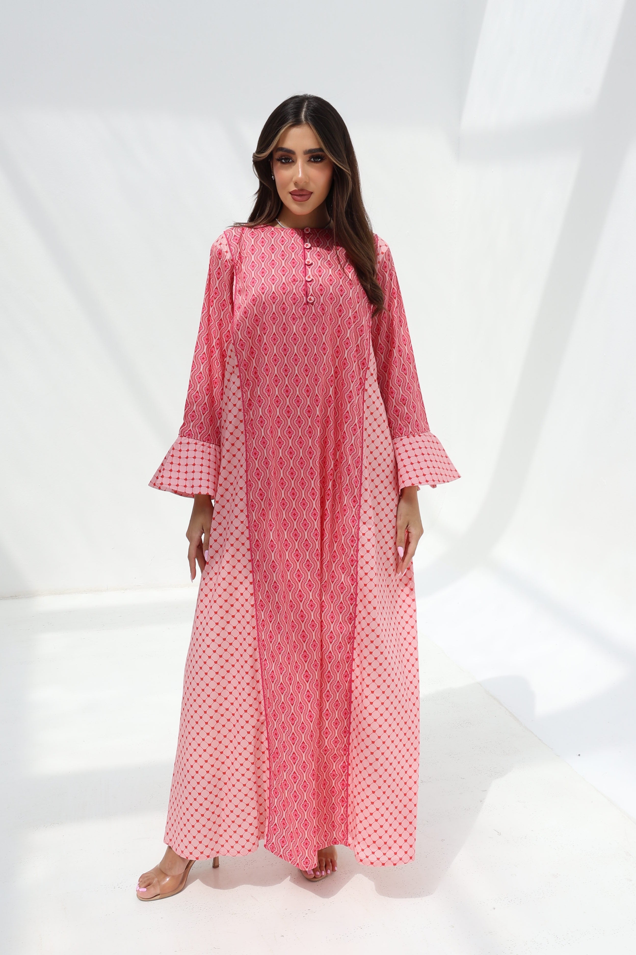 Hessa — C23 — Rose Pink Ogee Wave Stripe & Diamond Lattice Contrast Double Ruffle Cuff Cotton Jalabiya