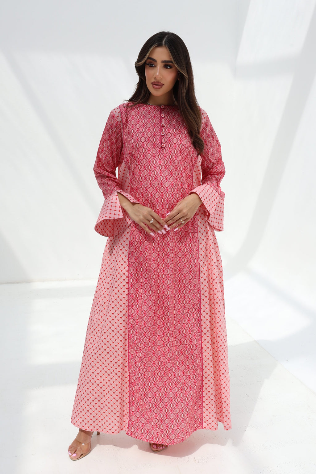 Hessa — C23 — Rose Pink Ogee Wave Stripe & Diamond Lattice Contrast Double Ruffle Cuff Cotton Jalabiya
