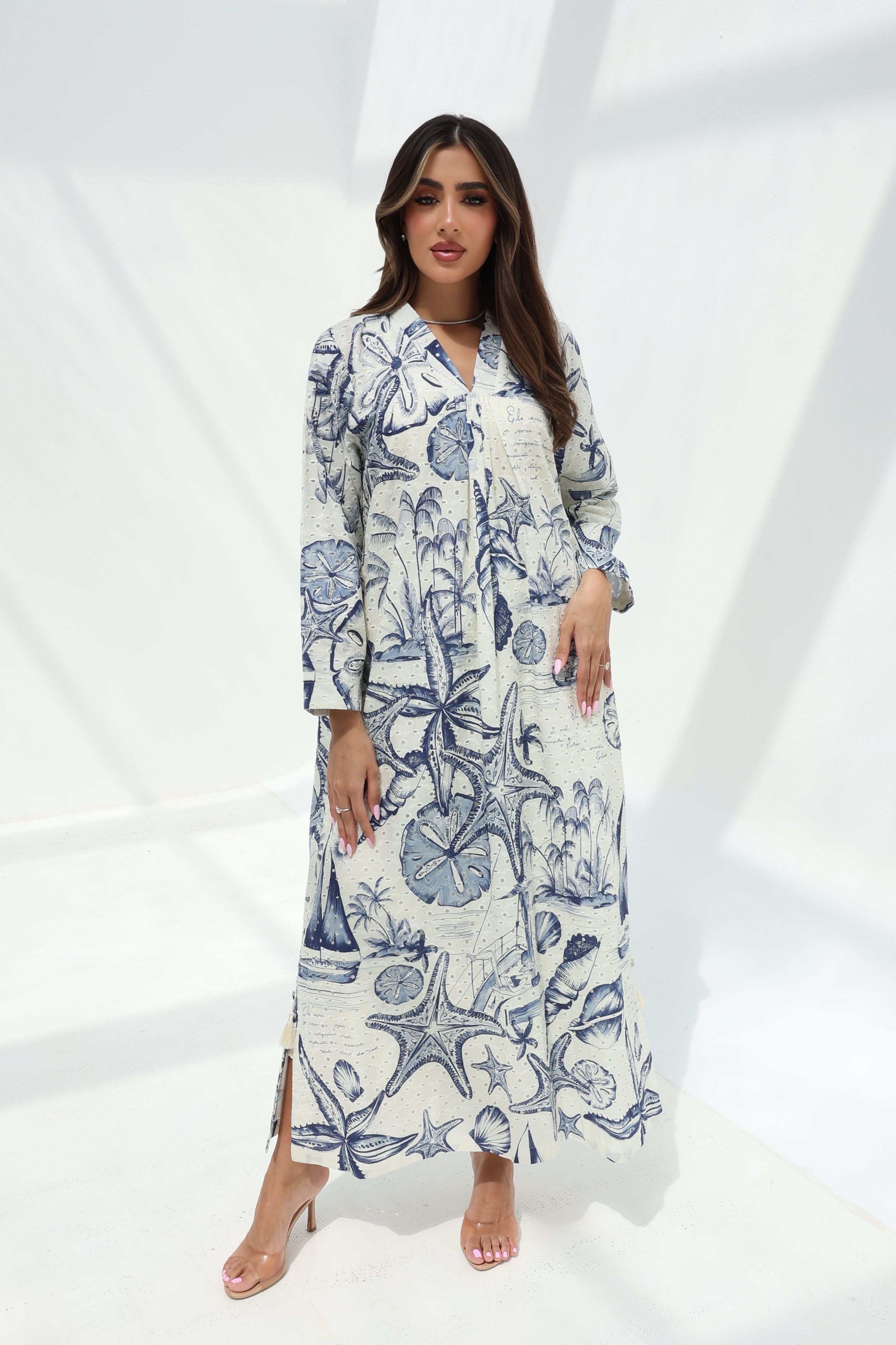 Marsa — C24 — Cream & Navy Coastal Toile Print V-Notch Cotton Jalabiya