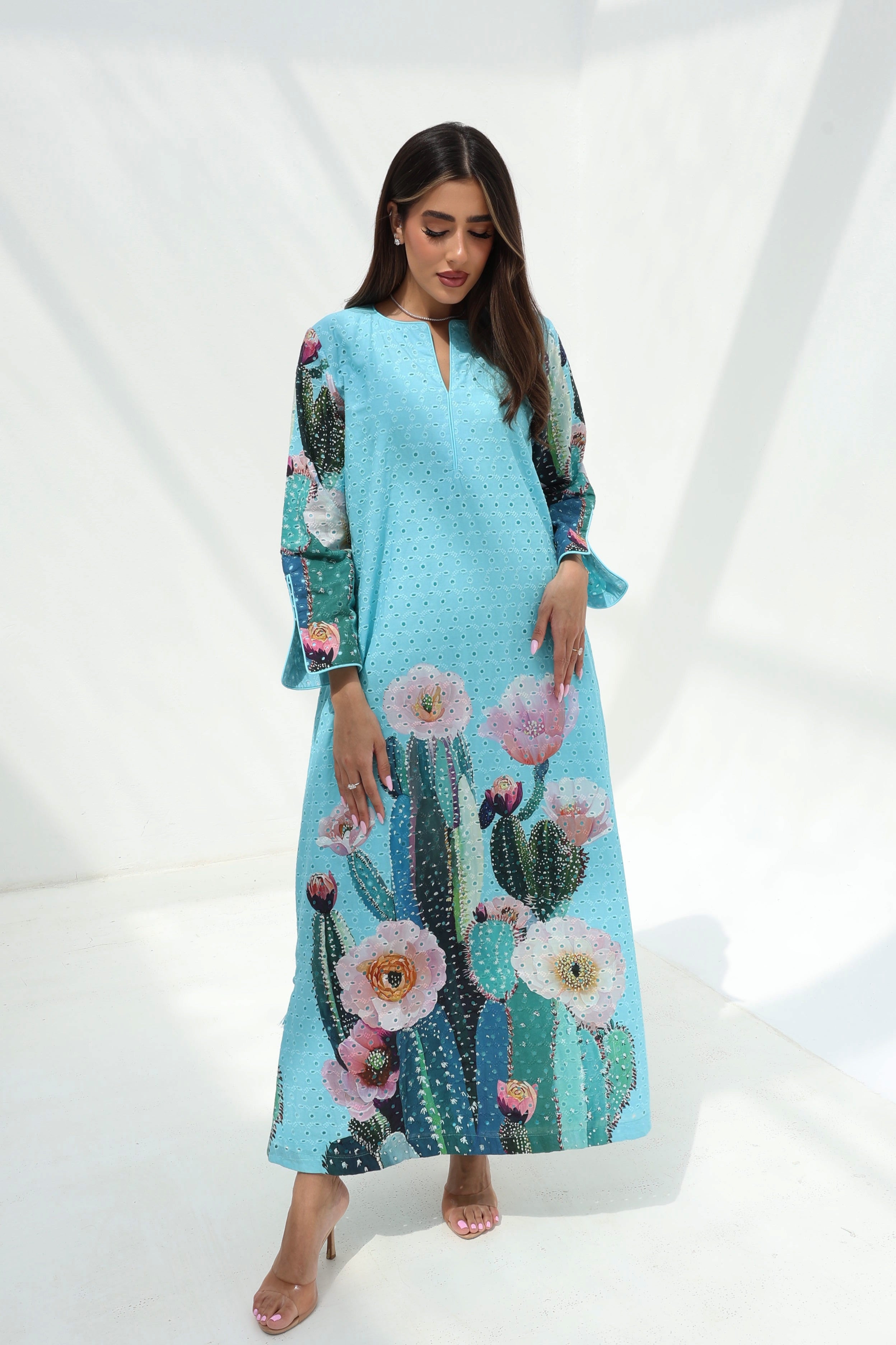 Sahara — C25 — Sky Blue Broderie Blooming Cactus Placement Print Tie Cuff Cotton Jalabiya