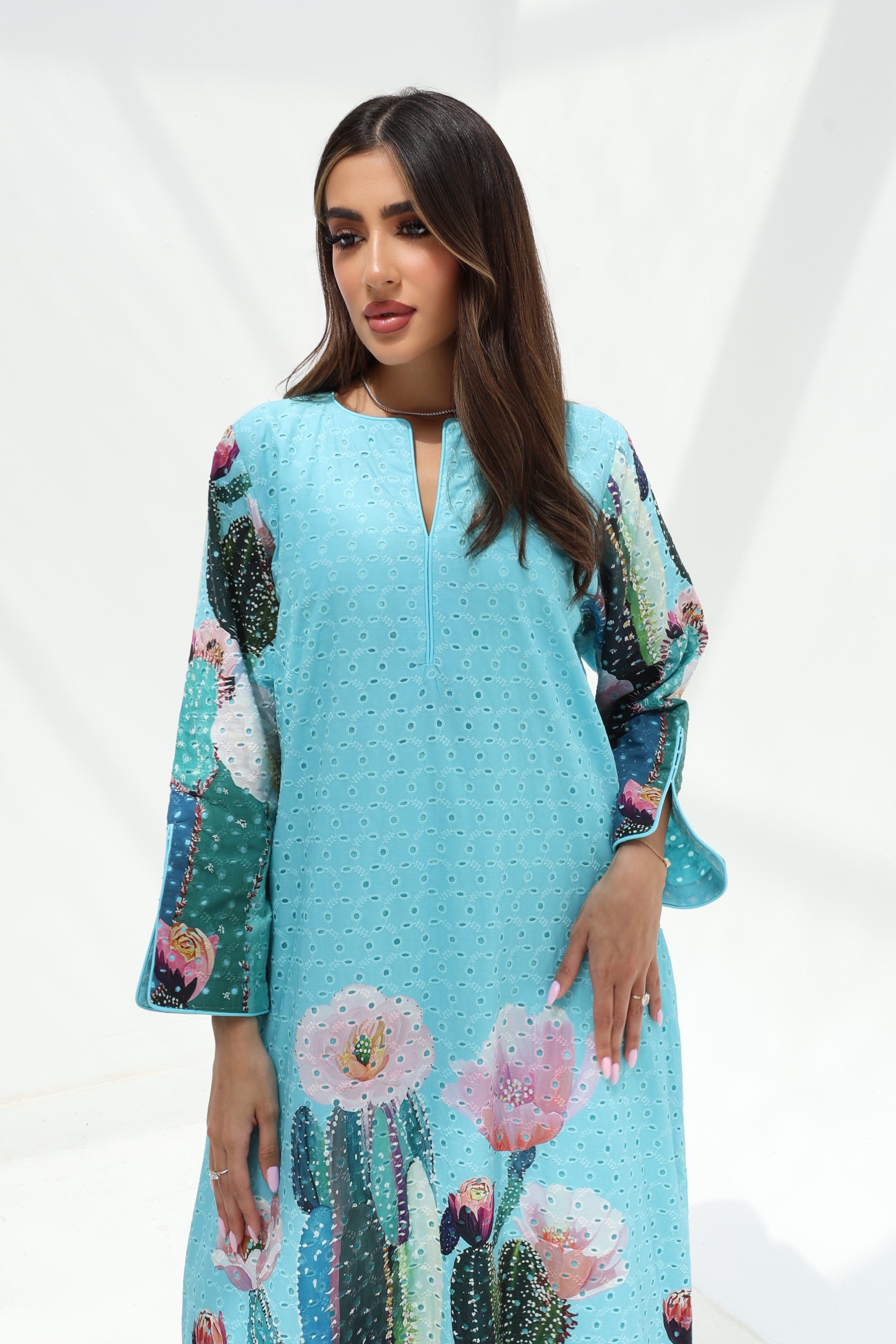 Sahara — C25 — Sky Blue Broderie Blooming Cactus Placement Print Tie Cuff Cotton Jalabiya
