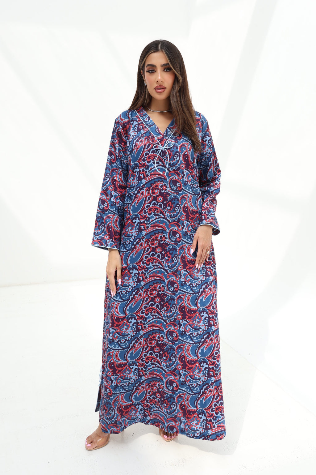 Kashmir — C26 — Navy & Crimson All-Over Paisley Print Lace-Tie V-Notch