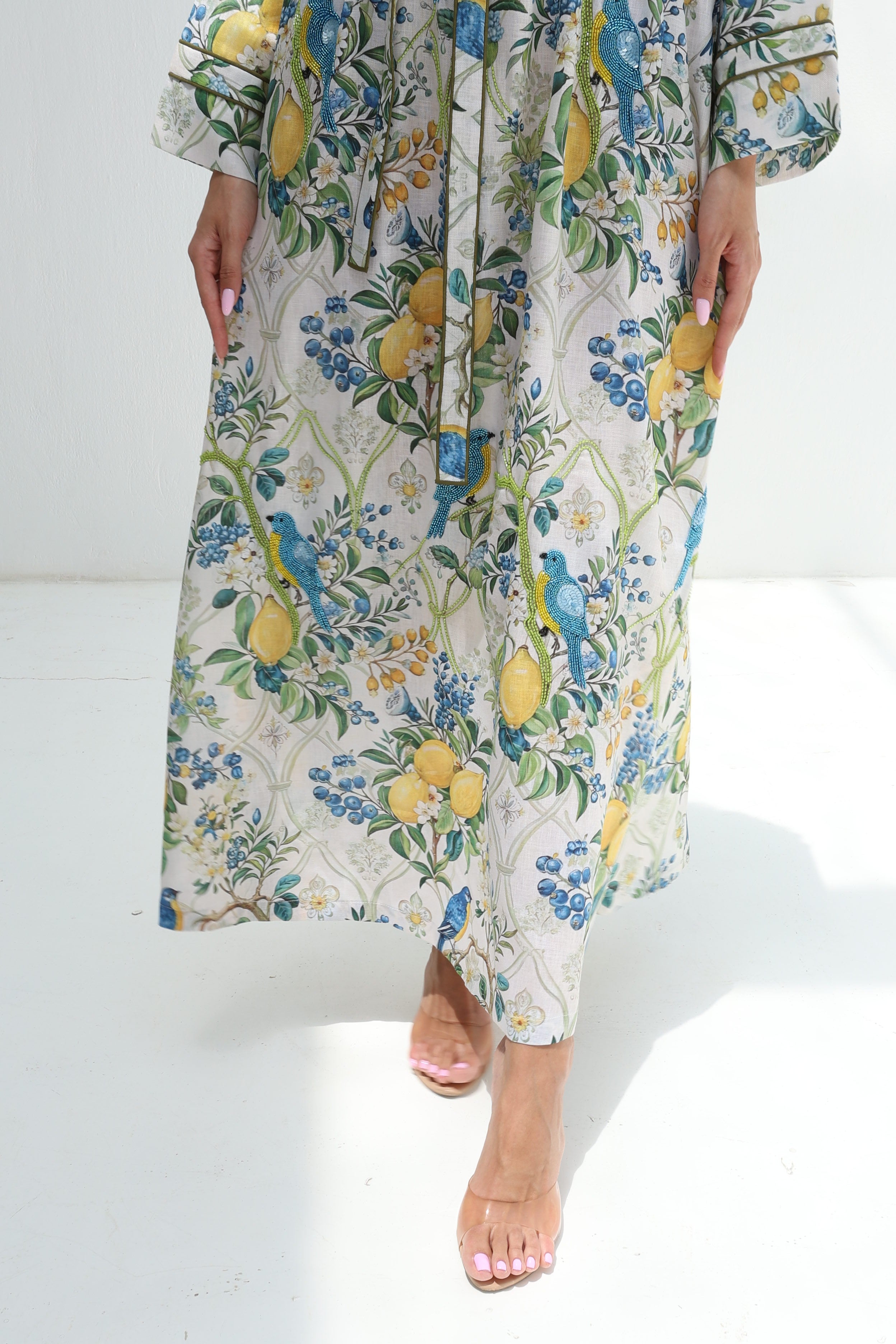 Bustaan — L197 — Lemon Garden Bird Print Belted Linen Jalabiya