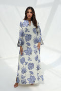 Lamar — C27 — White Broderie Bold Blue Tropical Leaf Print Bell Cuff Cotton Jalabiya