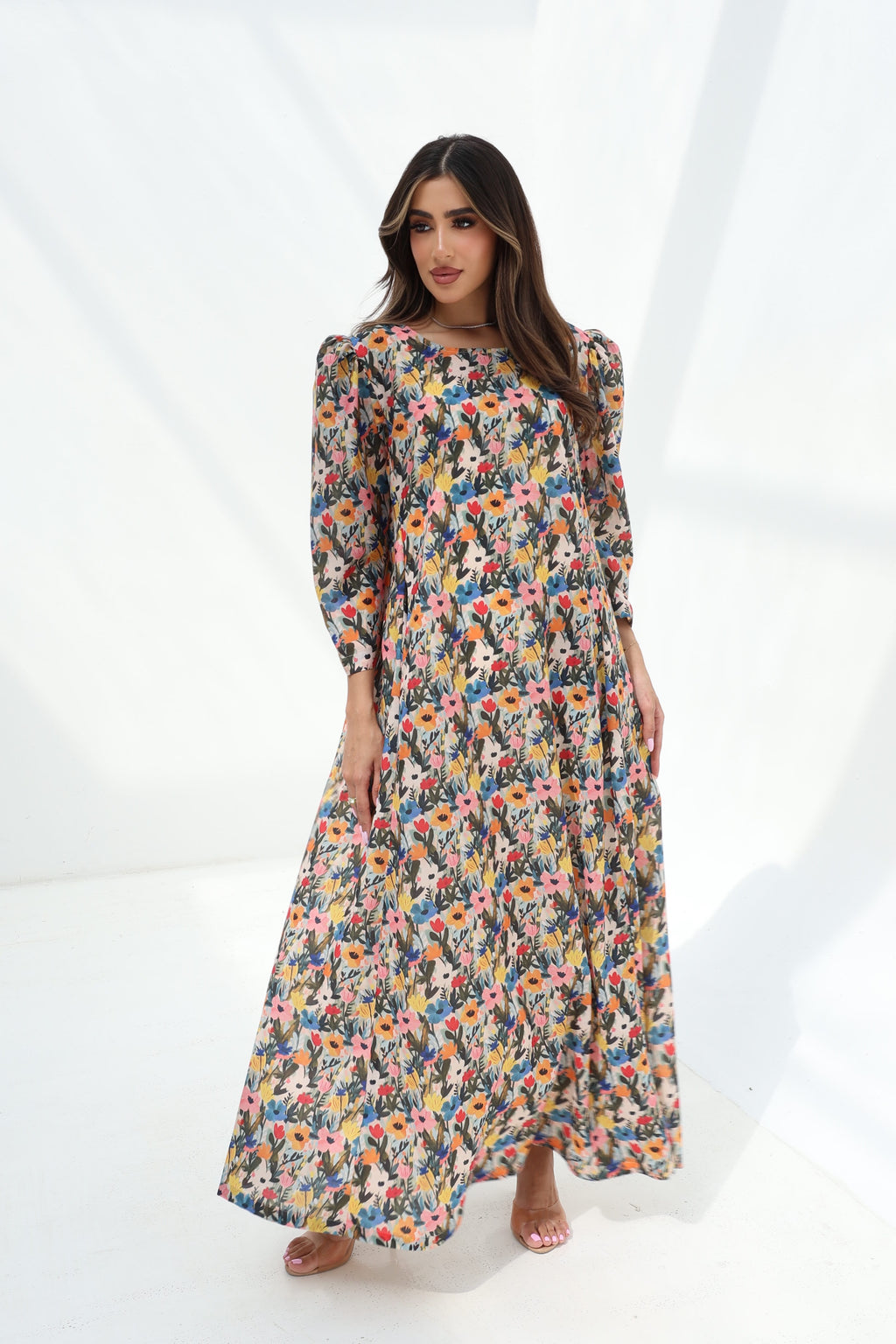 Warda — C28 — Multicolour Wildflower Meadow Print Puff Sleeve Tiered Cotton Jalabiya