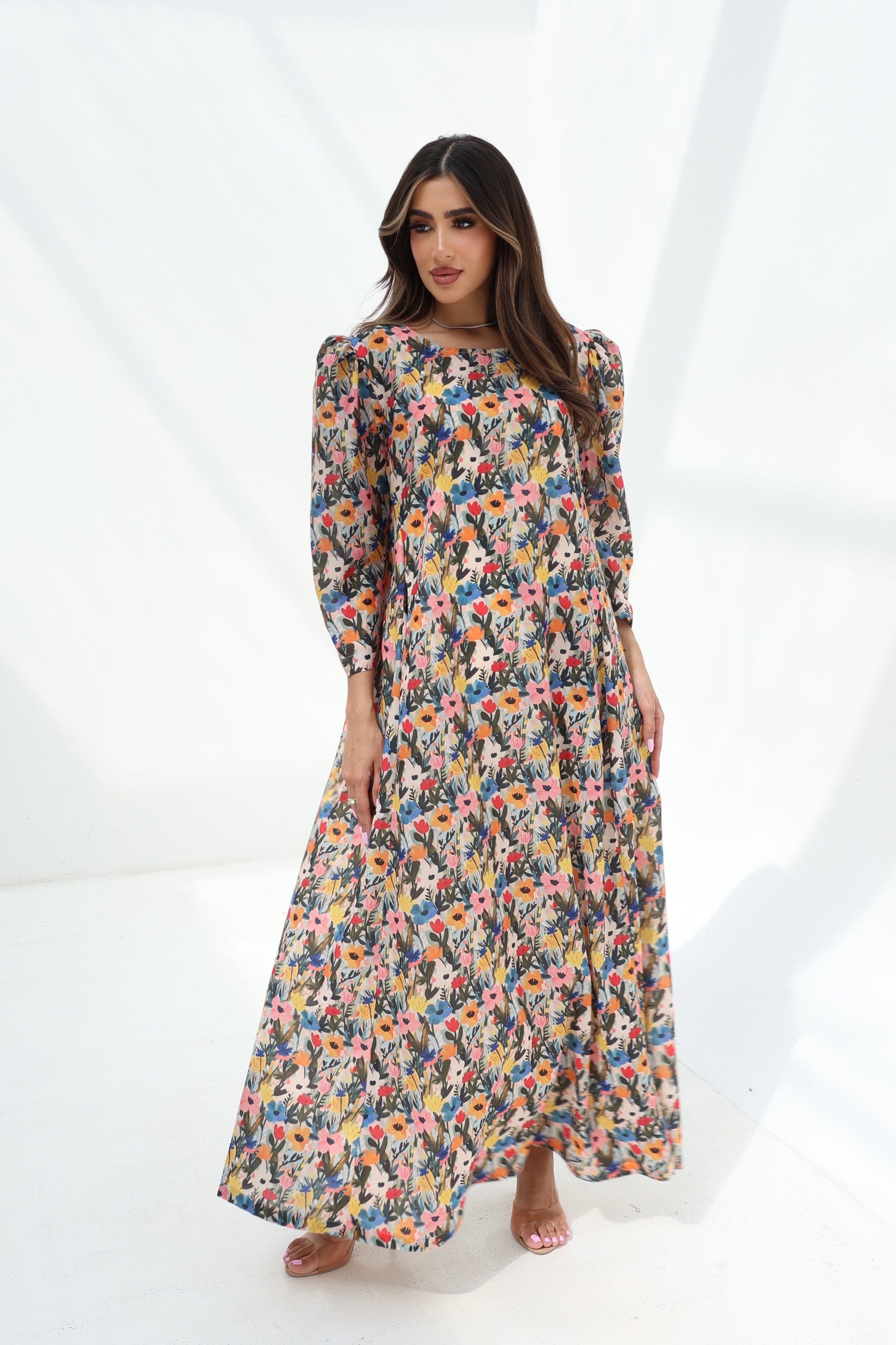 Warda — C28 — Multicolour Wildflower Meadow Print Puff Sleeve Tiered Cotton Jalabiya