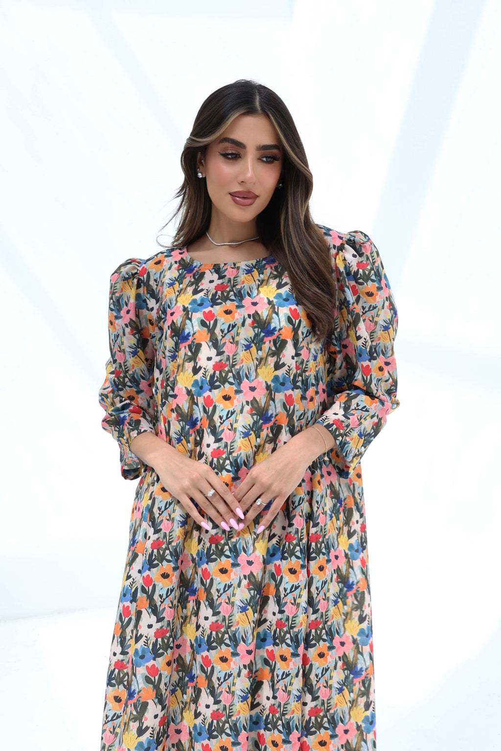 Warda — C28 — Multicolour Wildflower Meadow Print Puff Sleeve Tiered Cotton Jalabiya