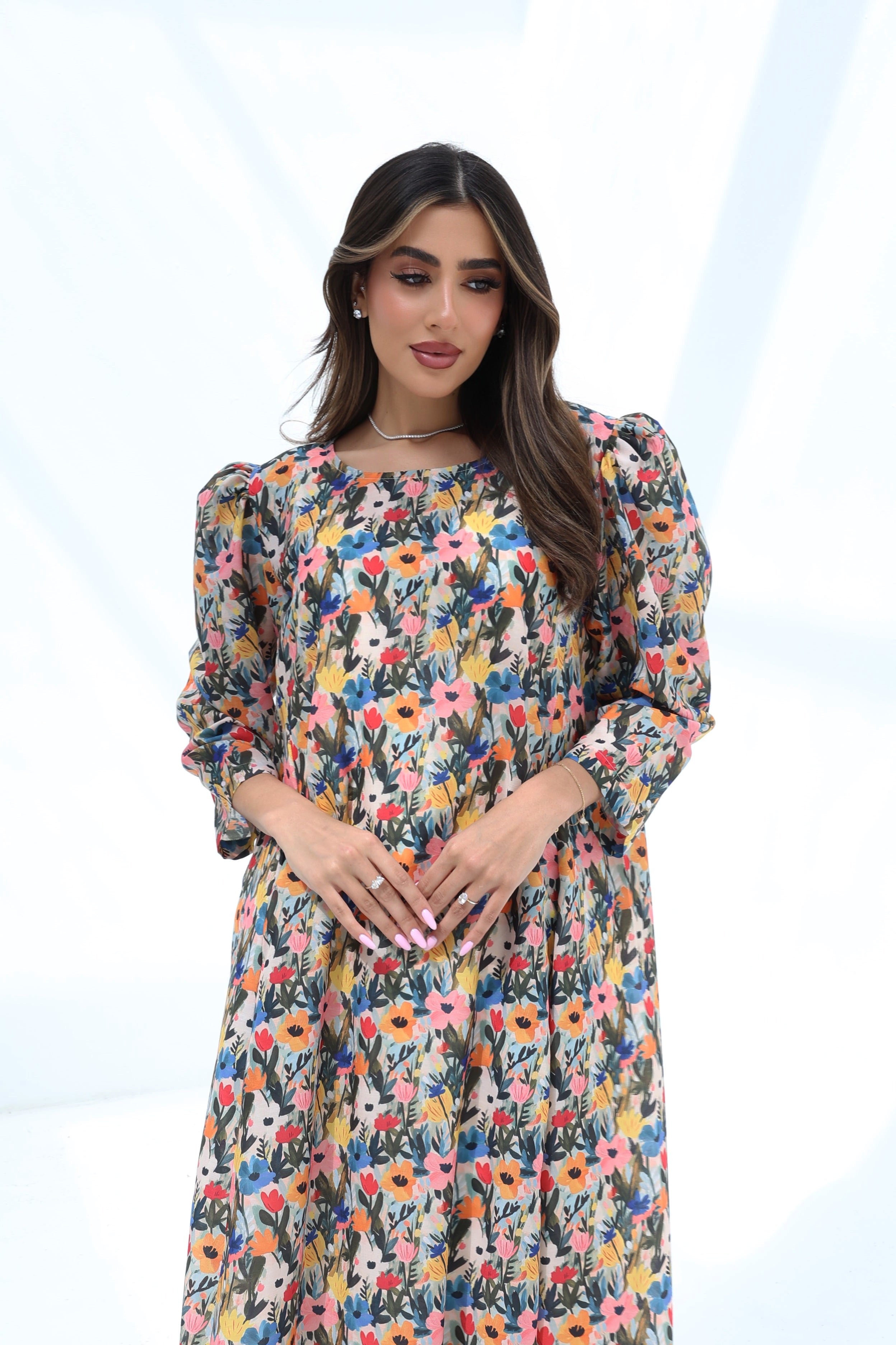 Warda — C28 — Multicolour Wildflower Meadow Print Puff Sleeve Tiered Cotton Jalabiya