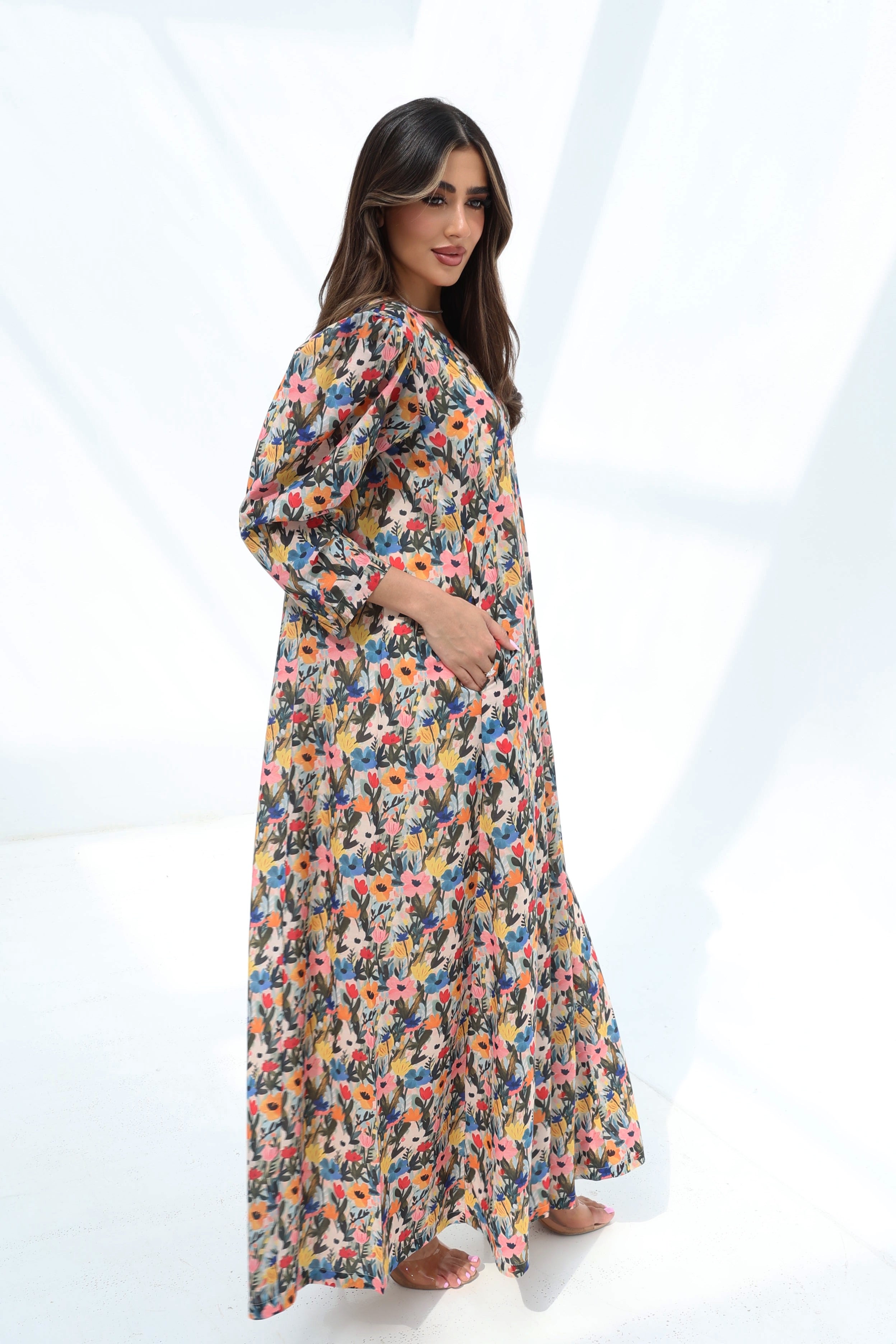 Warda — C28 — Multicolour Wildflower Meadow Print Puff Sleeve Tiered Cotton Jalabiya