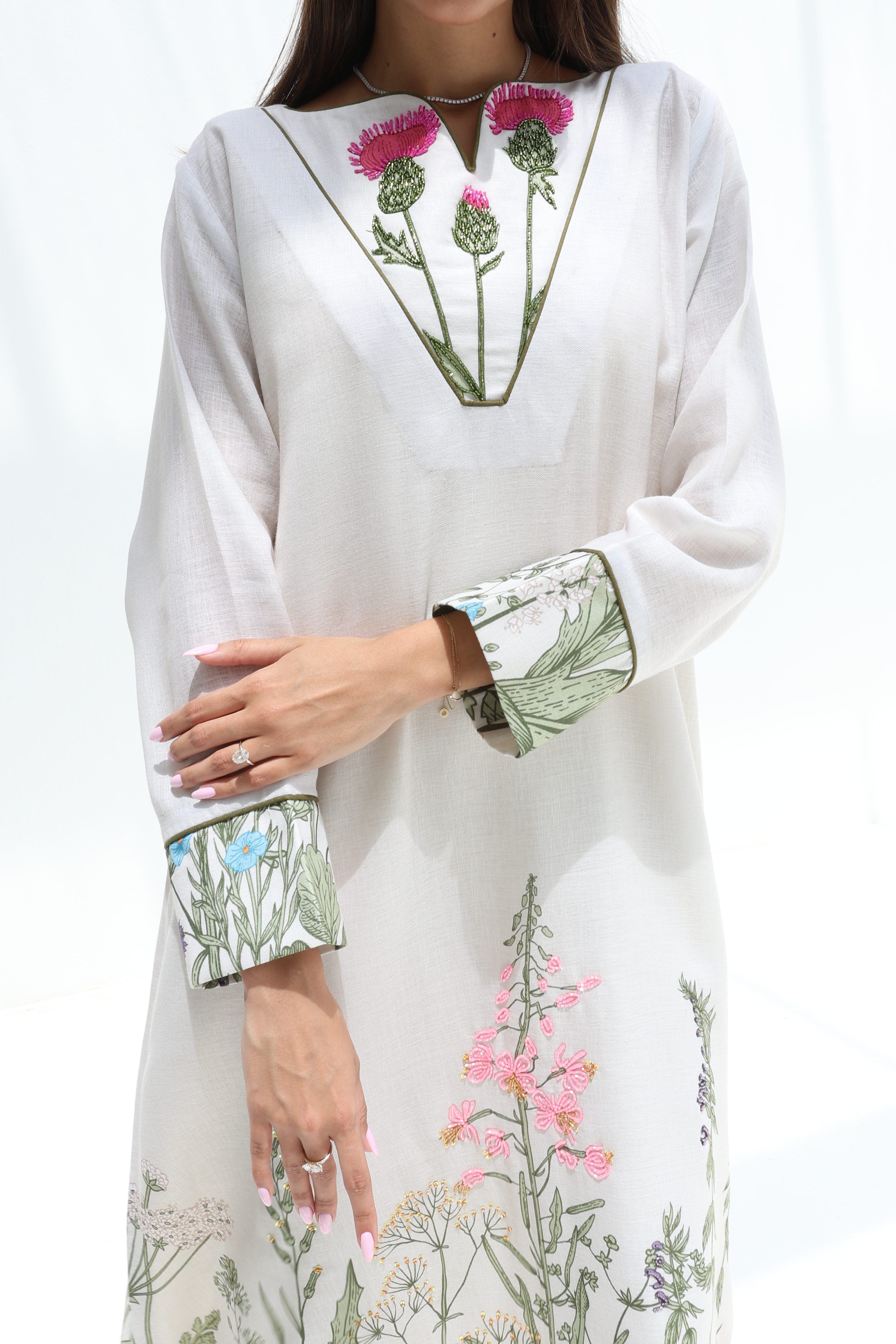 Bloom — L196 — Wildflower Botanical Embroidered Linen Jalabiya