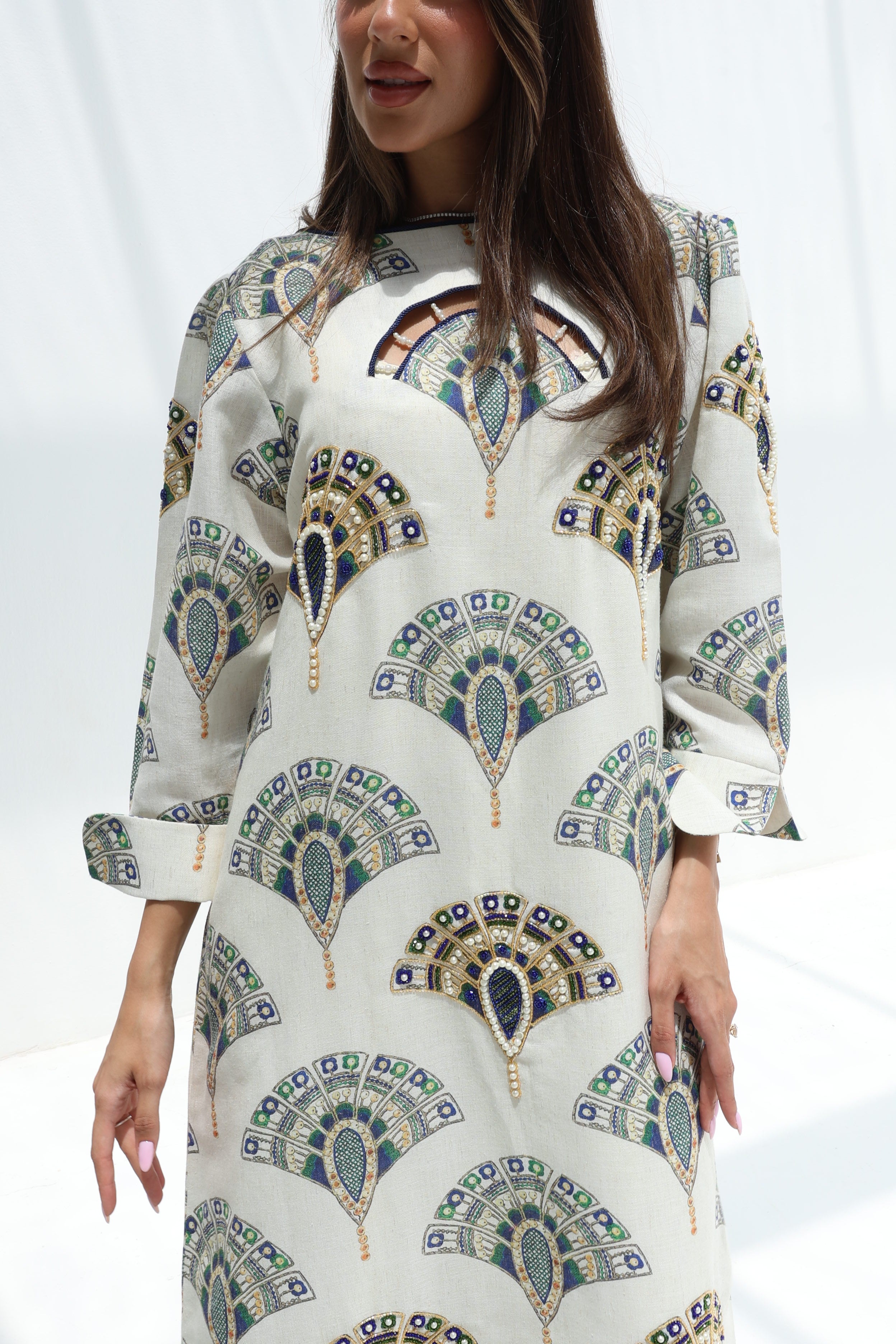 Maraya — L182 — Art Deco Fan Print Linen Jalabiya with Embroidery & Lining