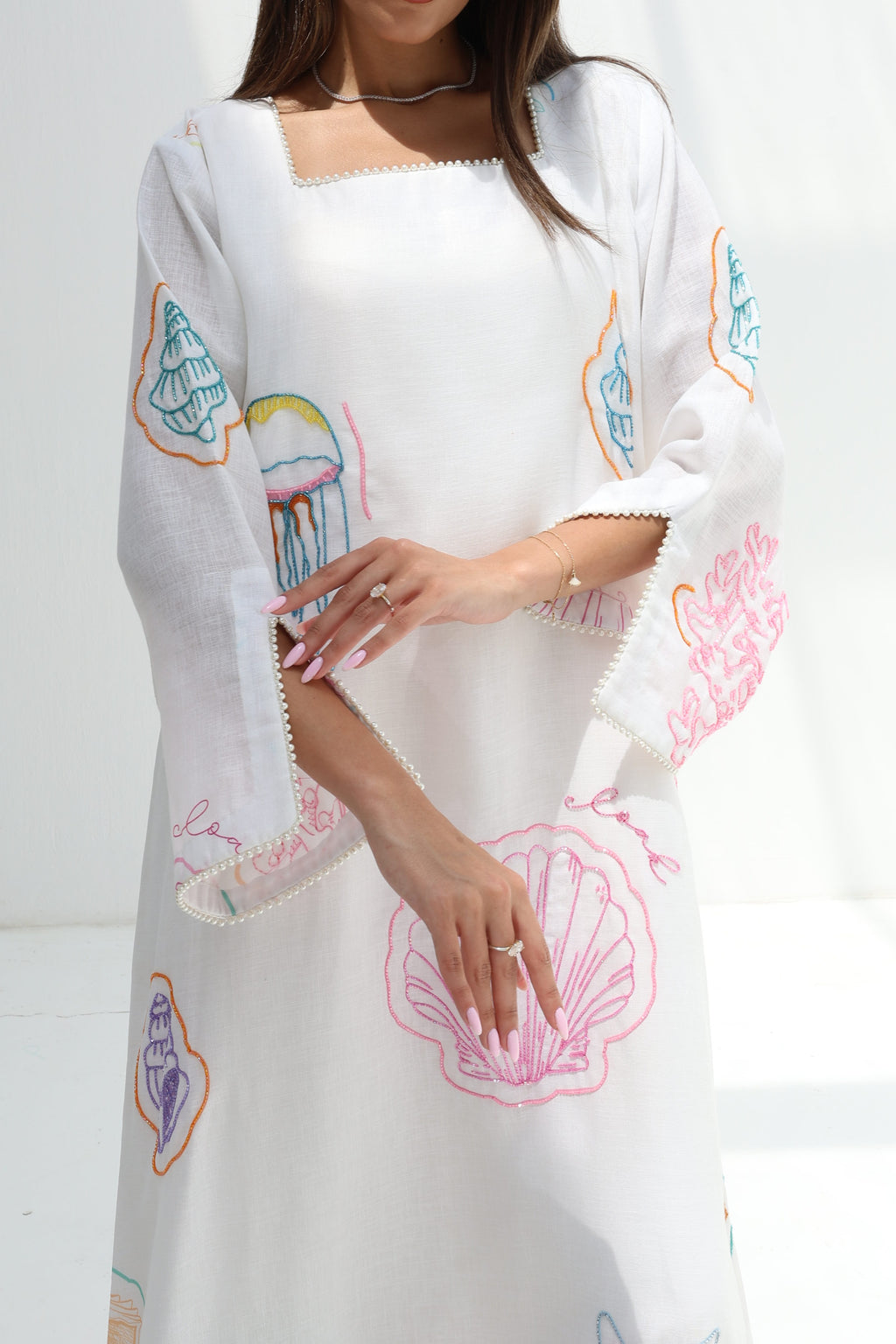Sadaf — L179 — Embroidered Seashell Linen Jalabiya with Lining