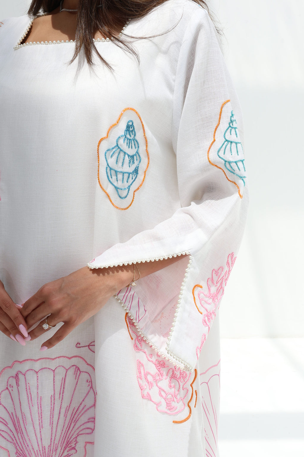 Sadaf — L179 — Embroidered Seashell Linen Jalabiya with Lining