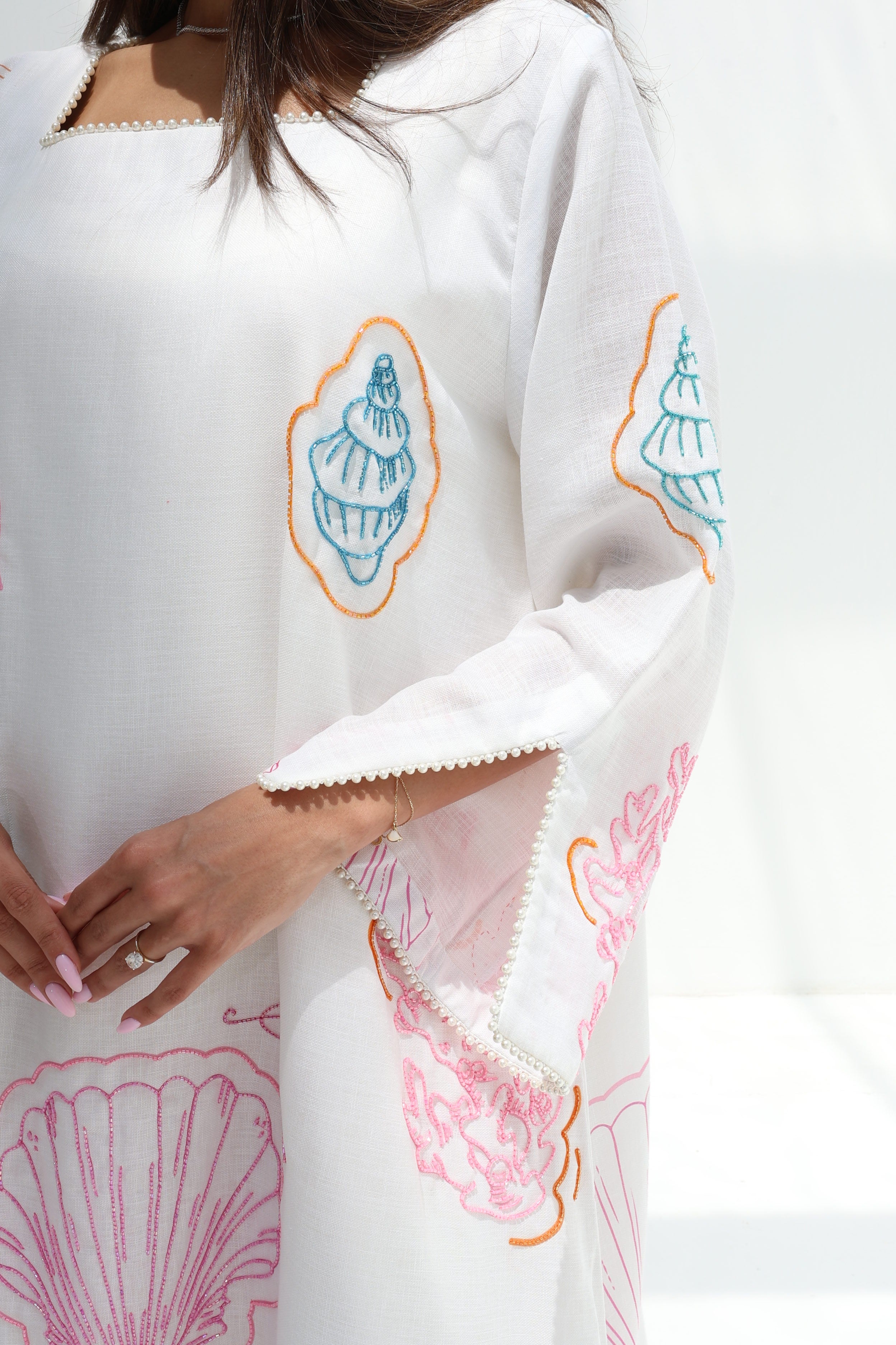 Sadaf — L179 — Embroidered Seashell Linen Jalabiya with Lining