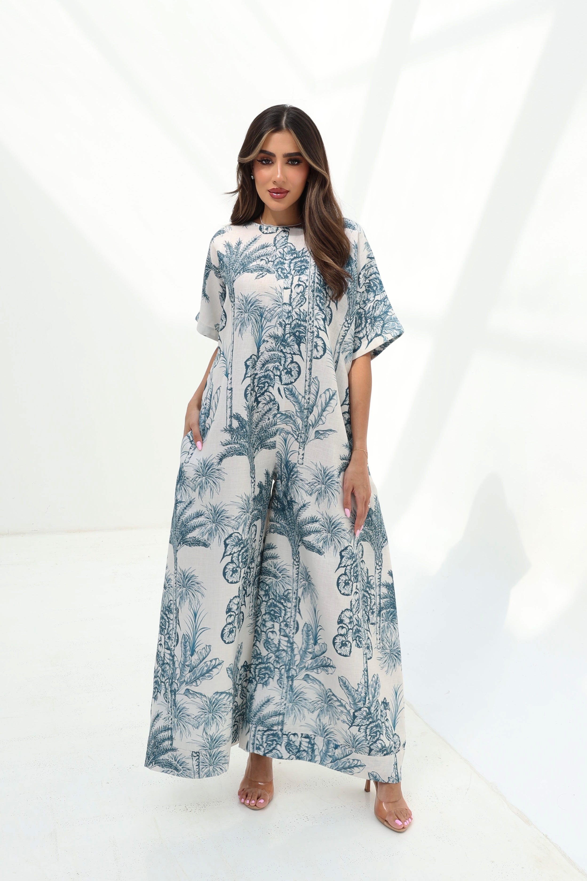 Nakhla — Teal Palm Toile Linen Jumpsuit