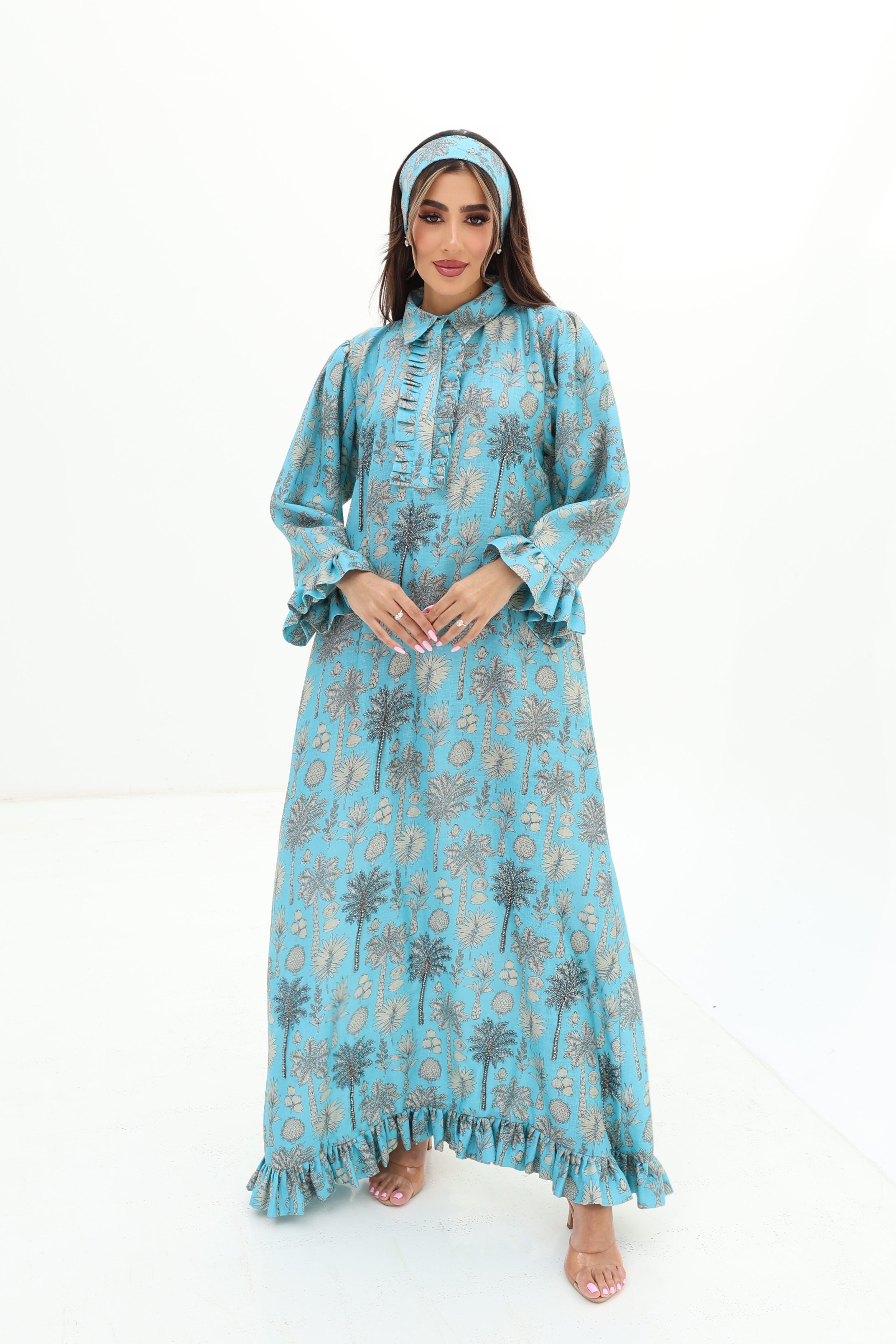 Teal Palm — L163 — Teal Palm & Shell Print Linen Jalabiya