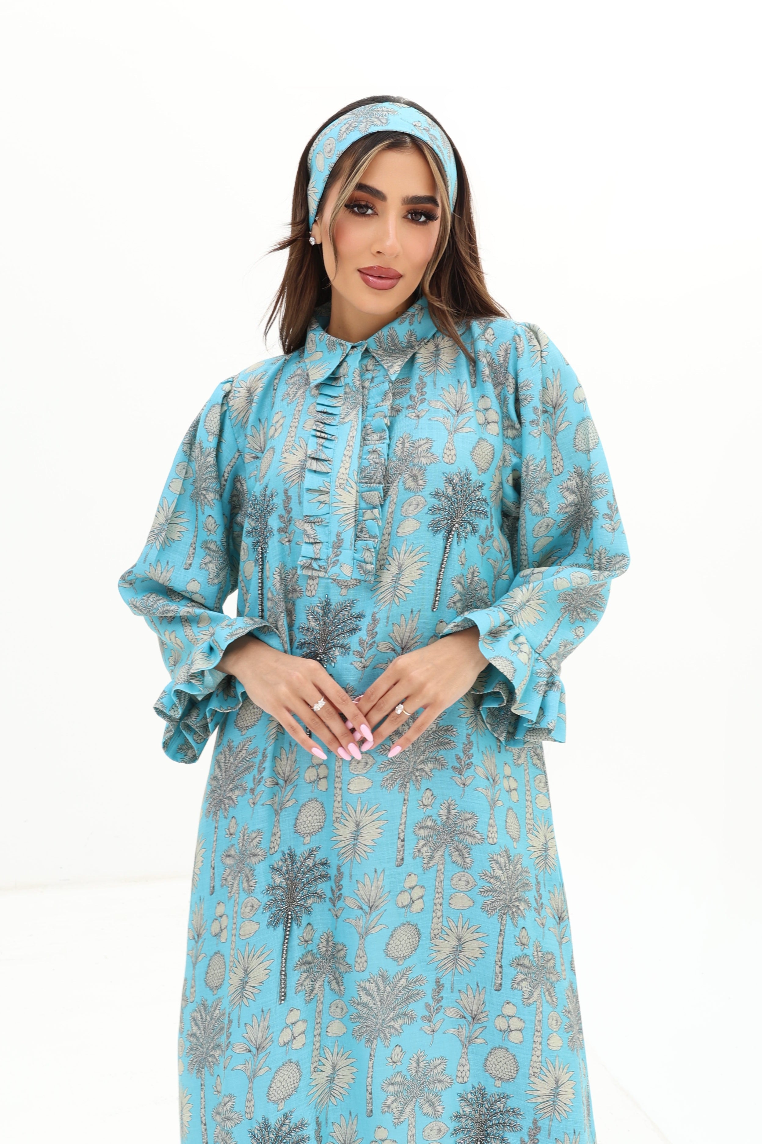 Teal Palm — L163 — Teal Palm & Shell Print Linen Jalabiya