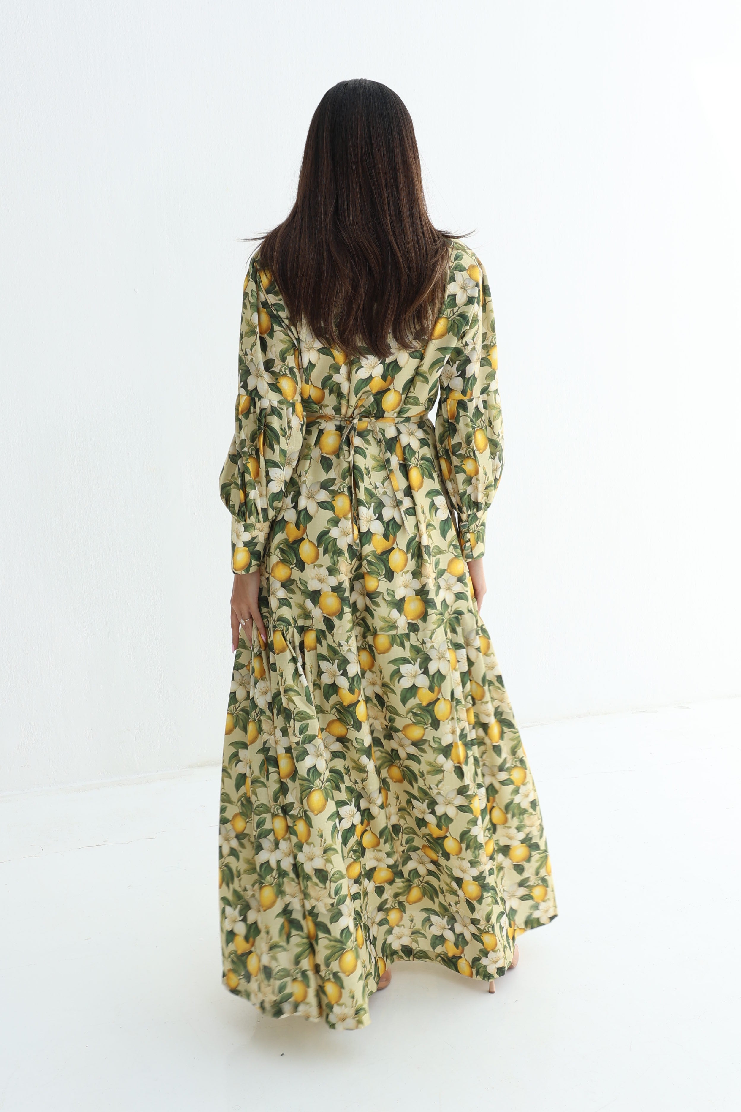 Laymoun — L180 — Lemon Blossom Print Linen Jalabiya with Embroidered Belt