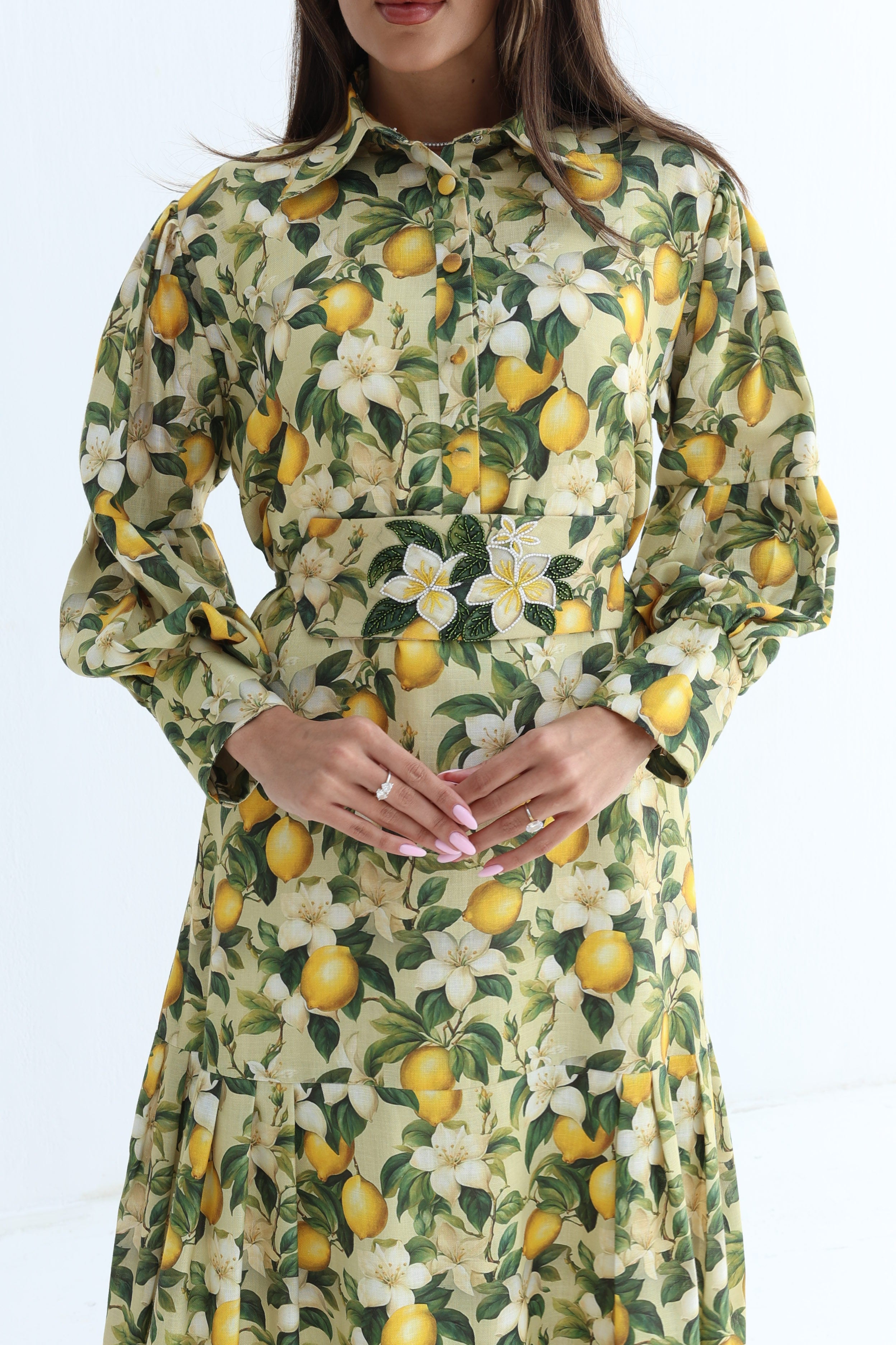 Laymoun — L180 — Lemon Blossom Print Linen Jalabiya with Embroidered Belt