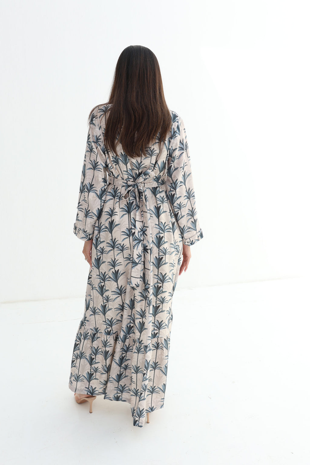 Nakheel — L198 — Palm Print Choker Corset Belted Linen Jalabiya