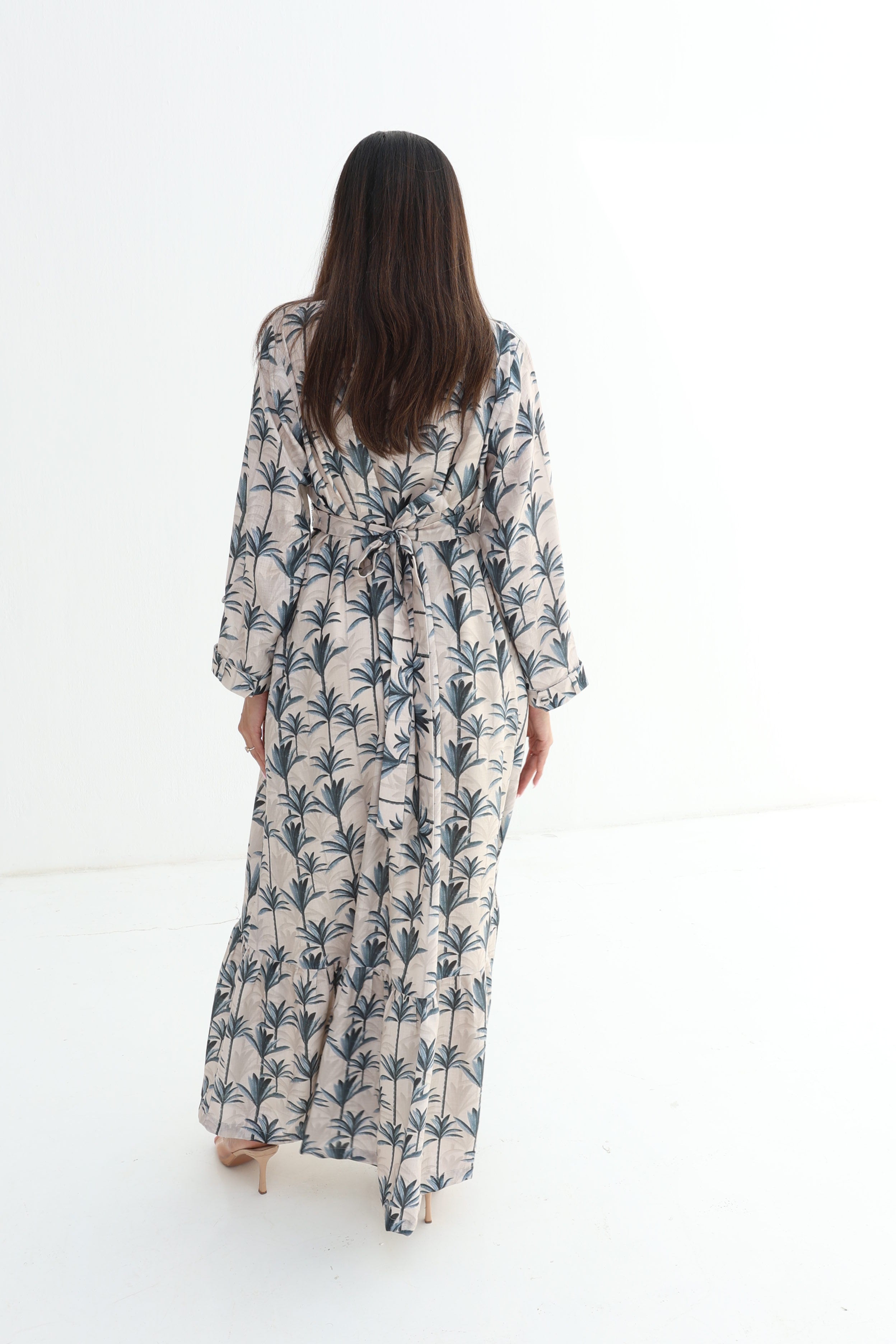 Nakheel — L198 — Palm Print Choker Corset Belted Linen Jalabiya