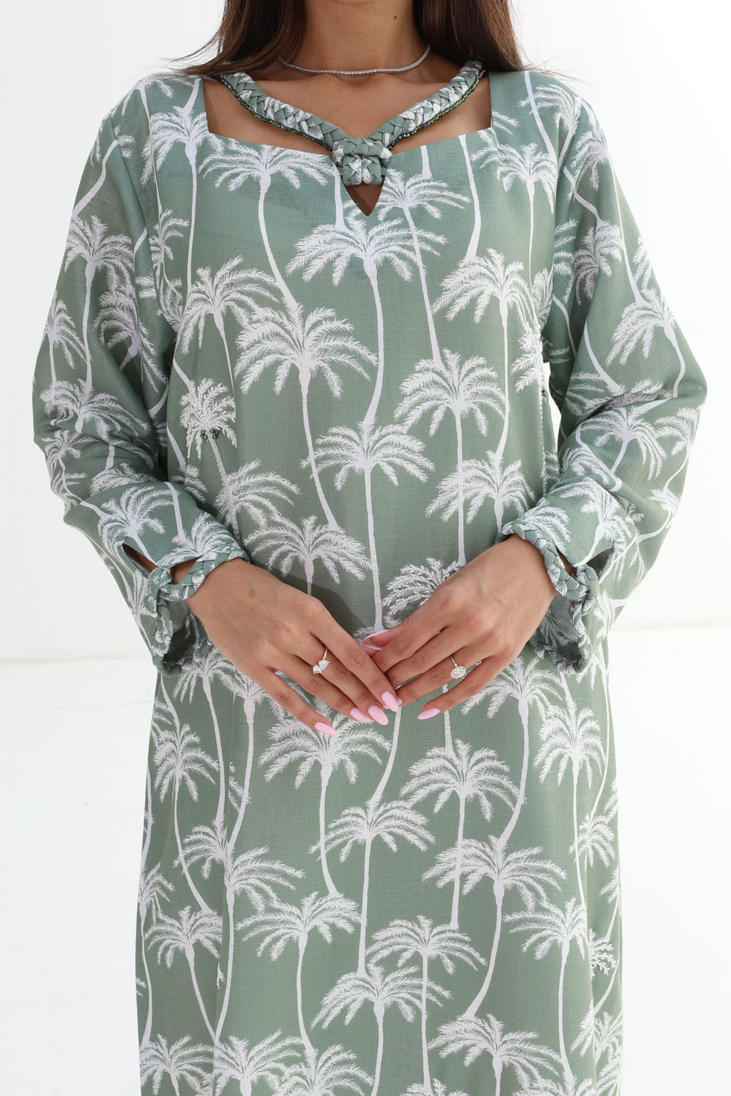 Safa — L174 — Sage Palm Print Linen Jalabiya with Embroidery