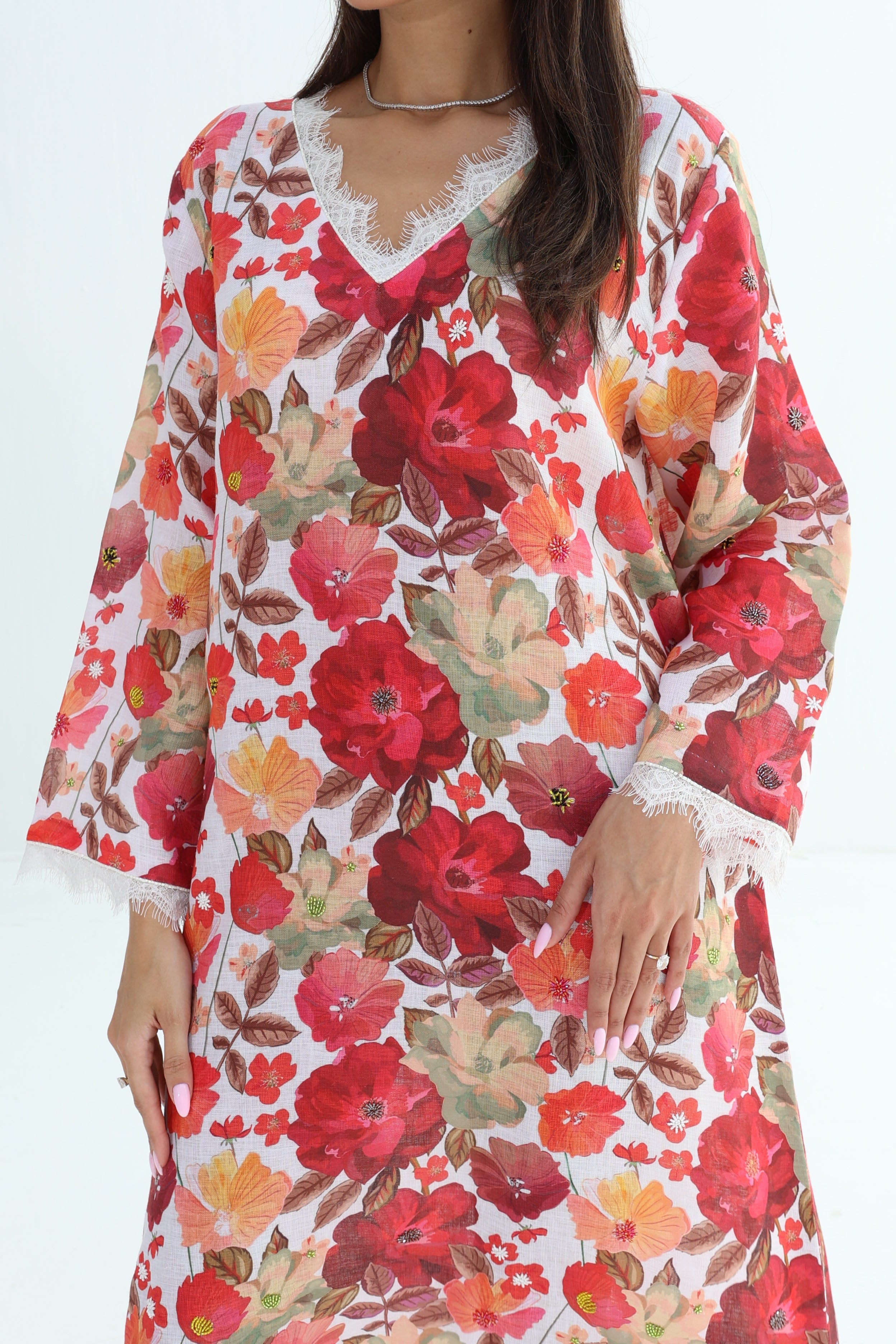 Wardiya — L187 — Watercolour Floral Print Linen Jalabiya with Embroidery