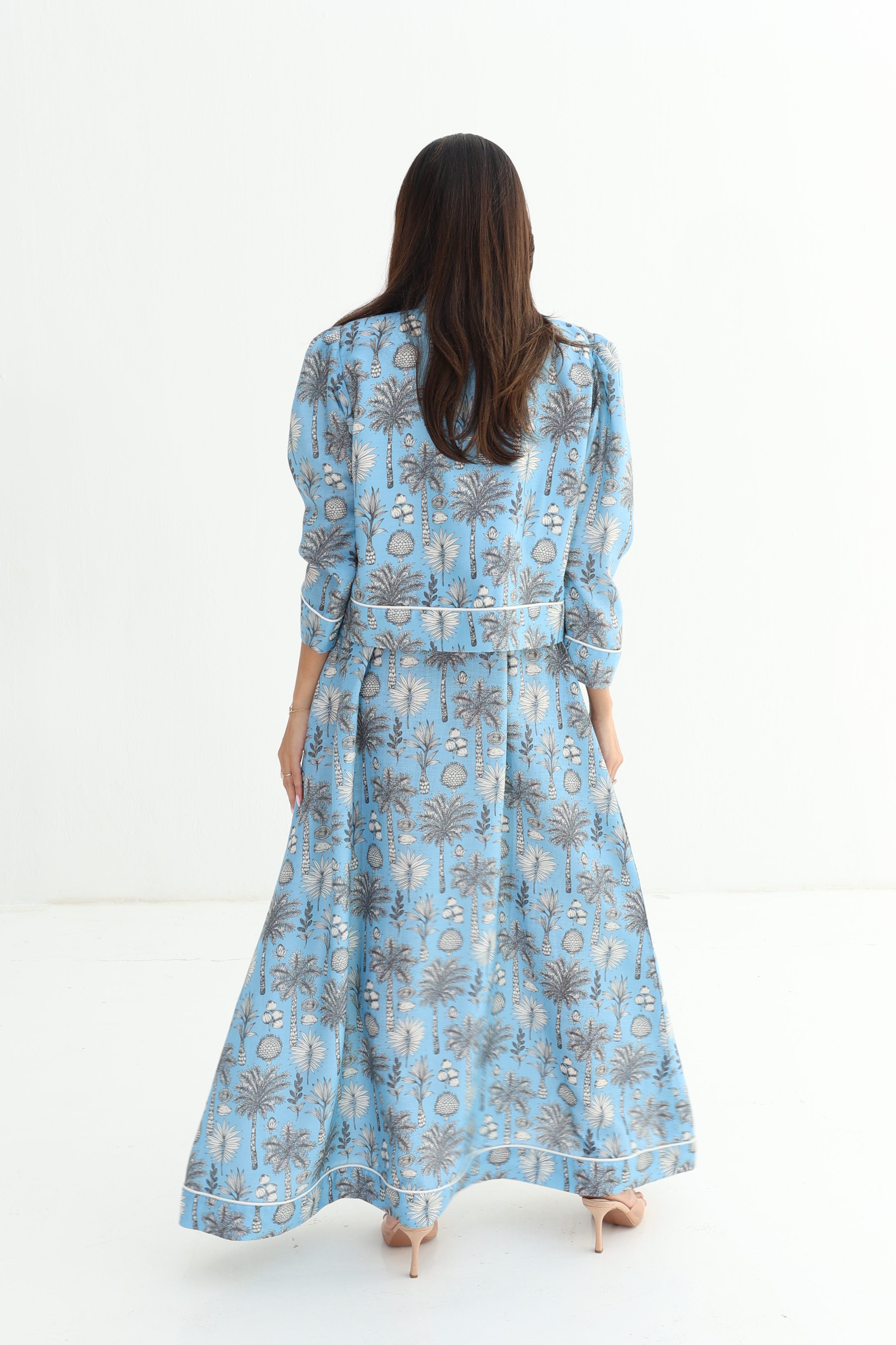 Nada — L176 — Blue Botanical Print Linen Jalabiya & Jacket Set