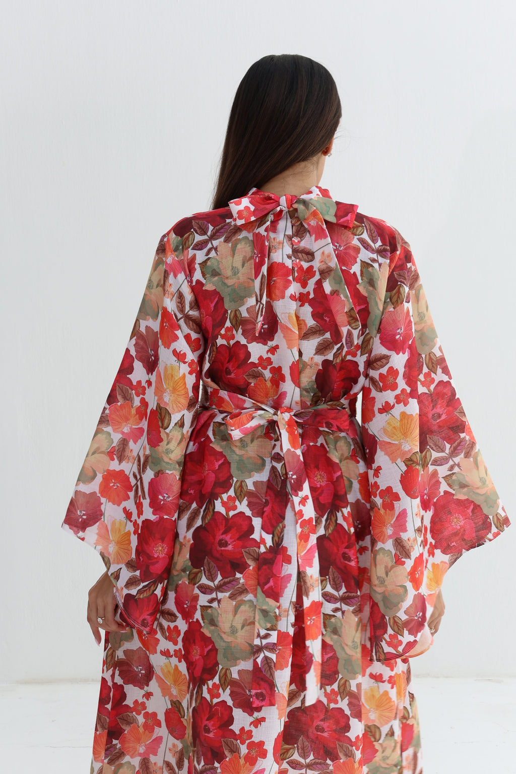 Wardah — L199 — Red Rose Watercolour Choker Corset Belted Linen Jalabiya