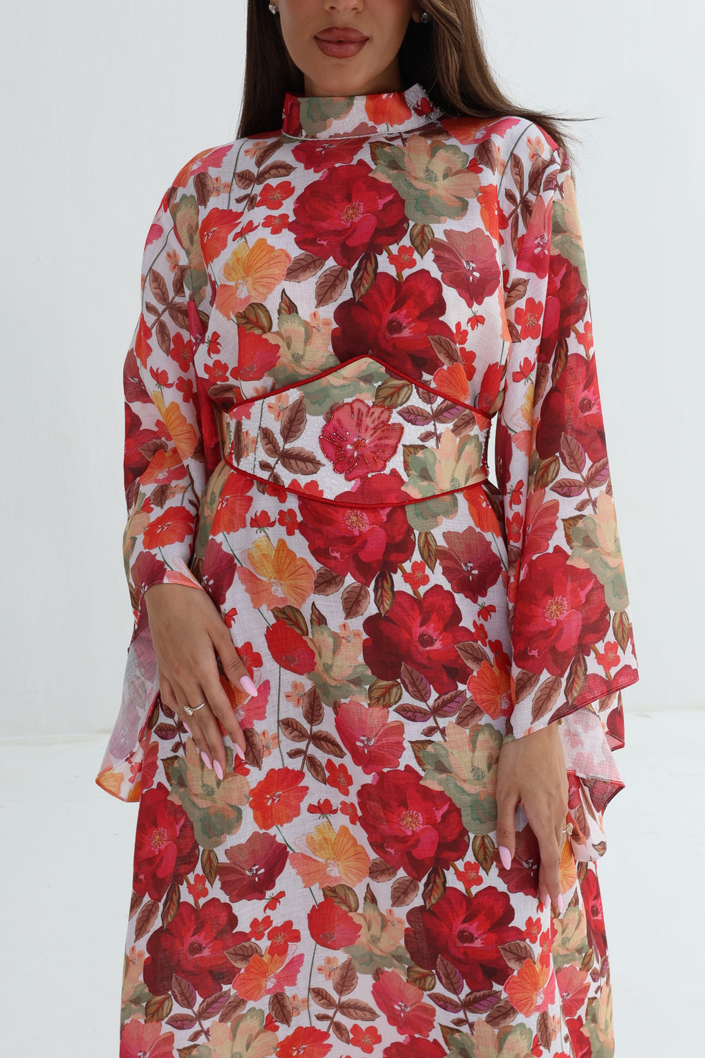 Wardah — L199 — Red Rose Watercolour Choker Corset Belted Linen Jalabiya