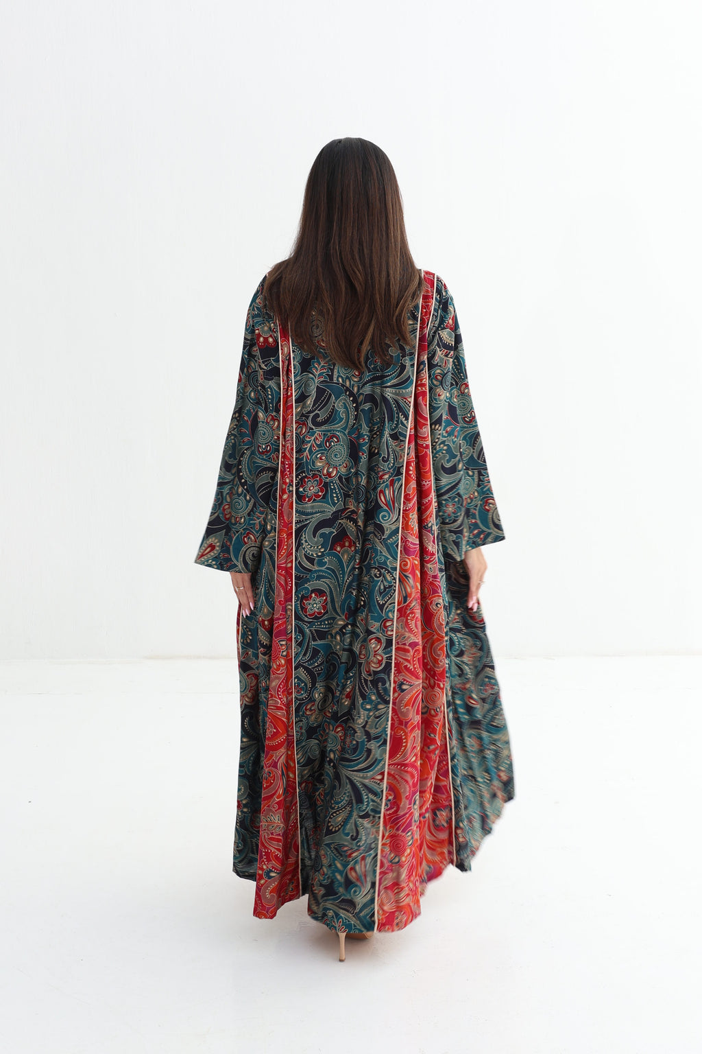 Zahra — C01 — Teal & Crimson Paisley Baroque Tassel Neck Cotton Jalabiya