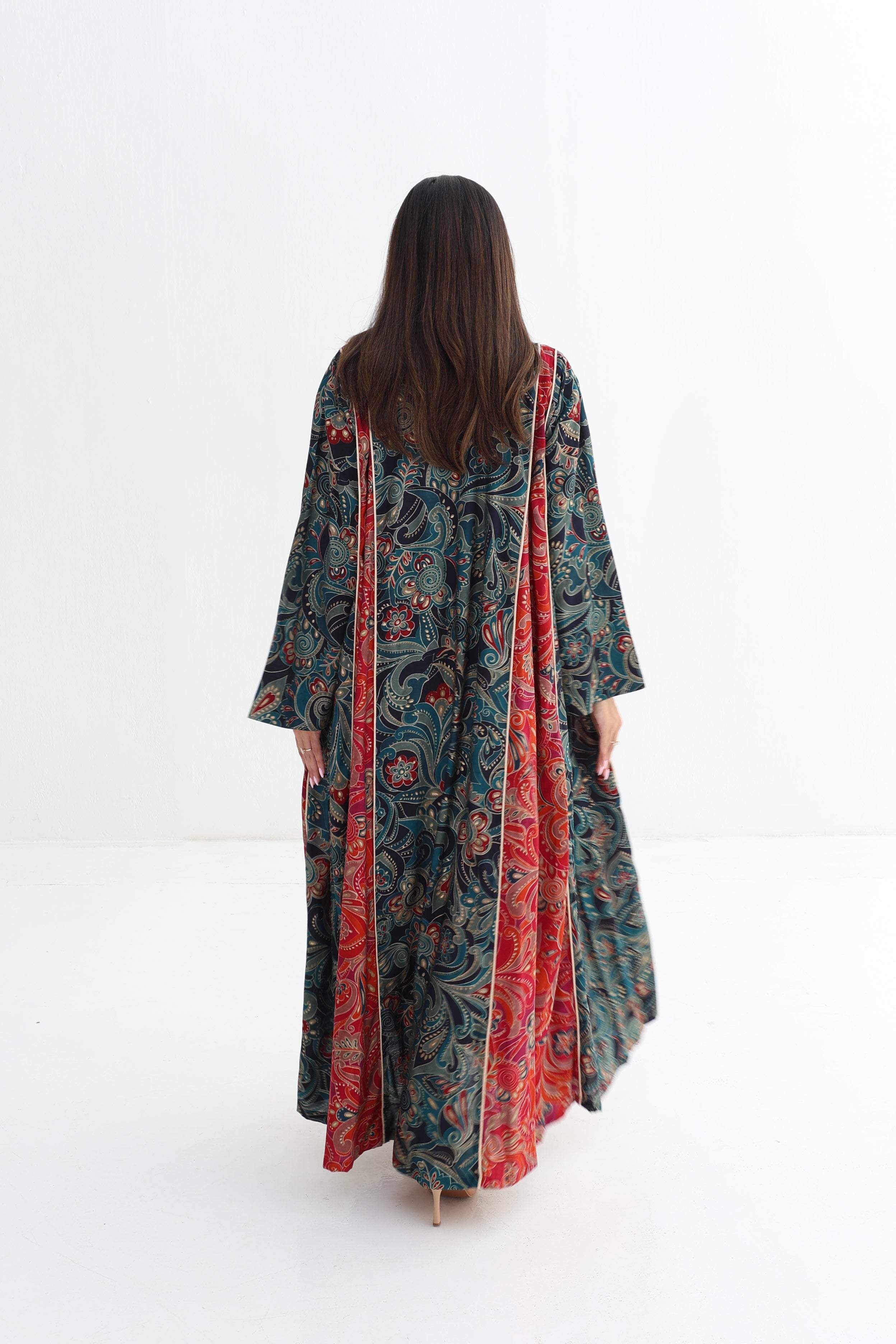 Zahra — C01 — Teal & Crimson Paisley Baroque Tassel Neck Cotton Jalabiya