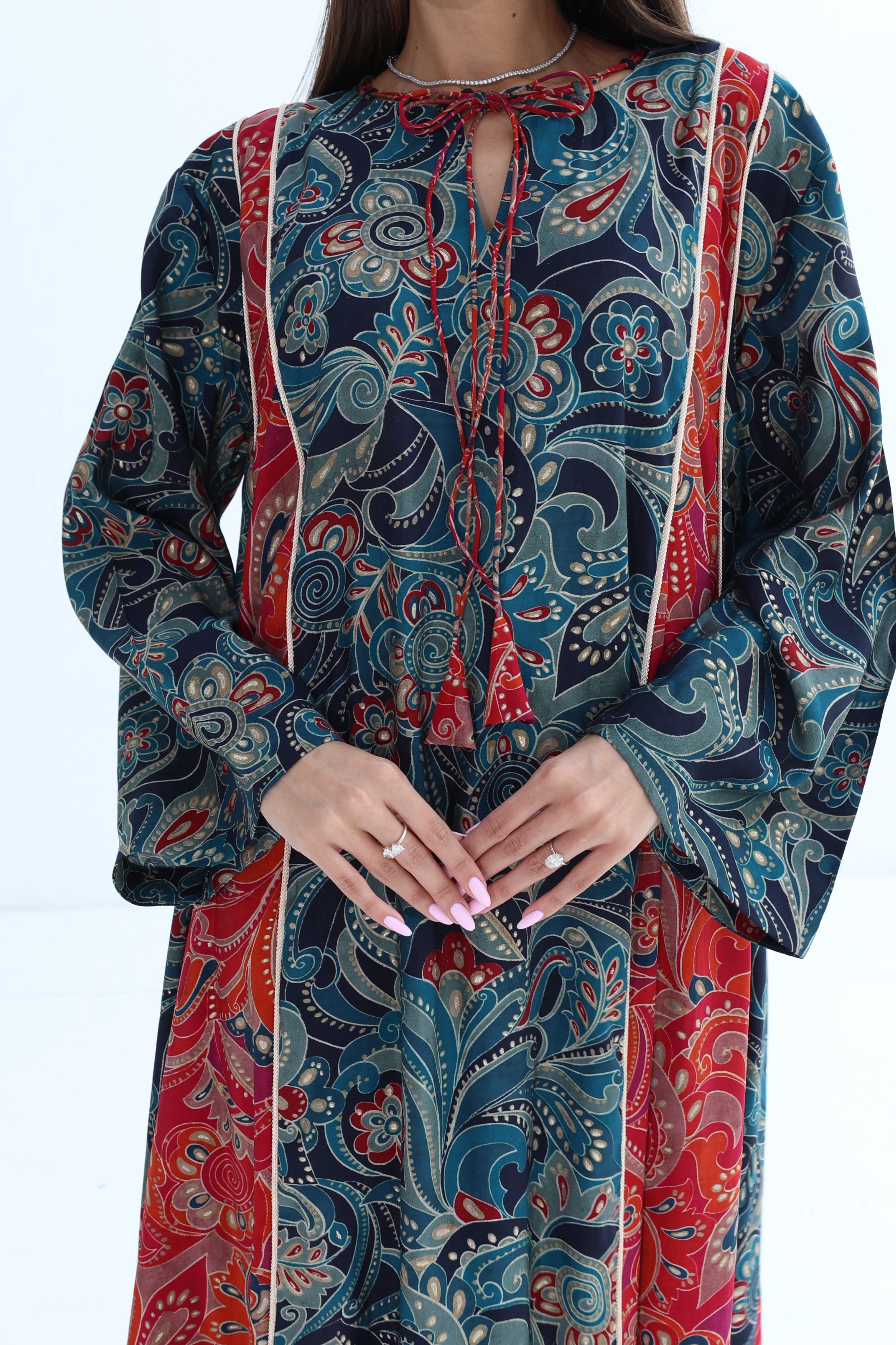 Zahra — C01 — Teal & Crimson Paisley Baroque Tassel Neck Cotton Jalabiya