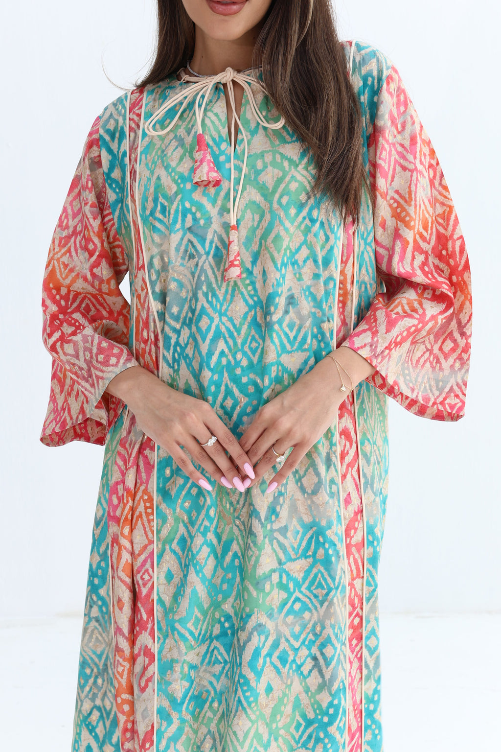 Qaws — C02 — Multicolour Ikat Geometric Tassel Neck Cotton Jalabiya