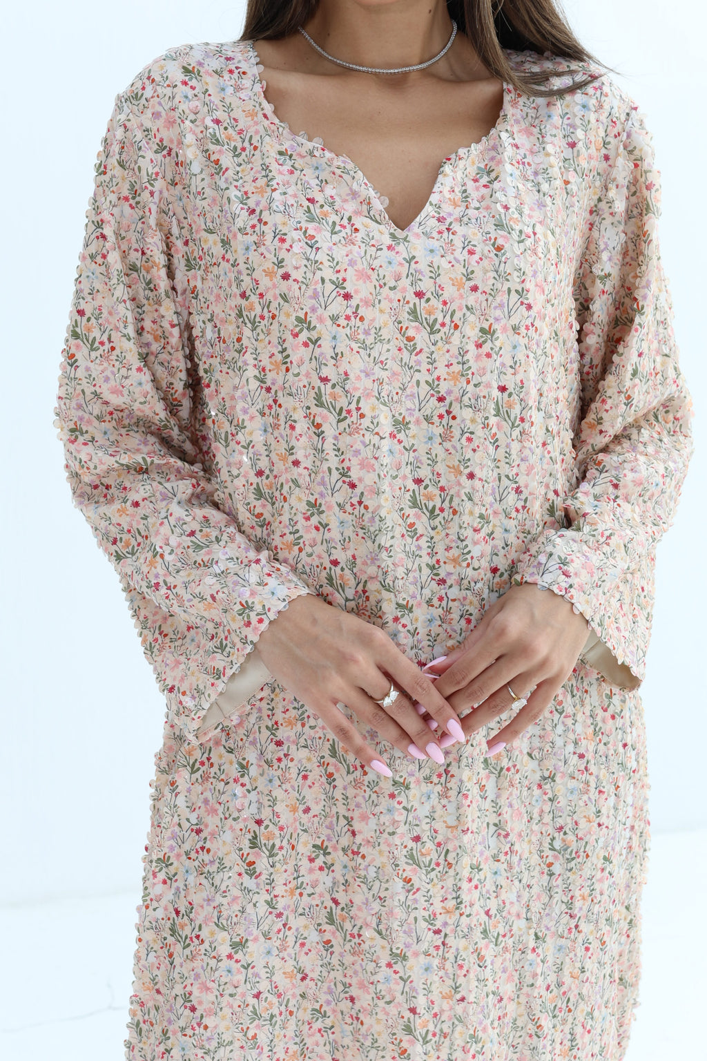 Naseem — Sequence— Blush Floral Sequin Scallop Neck Chiffon Jalabiya