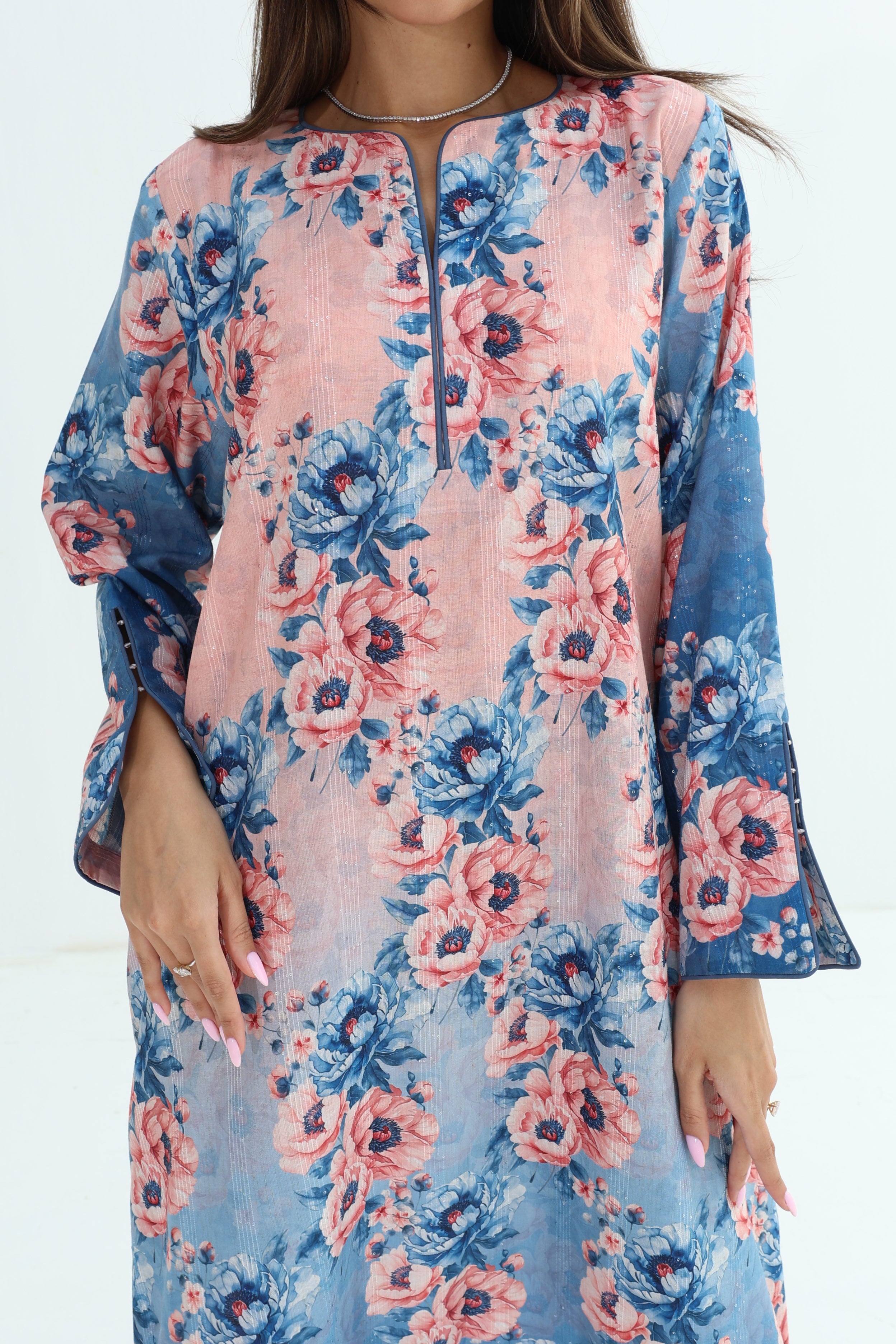 Fulla — C12 — Blush Peony Bouquet Batwing Cotton Jalabiya