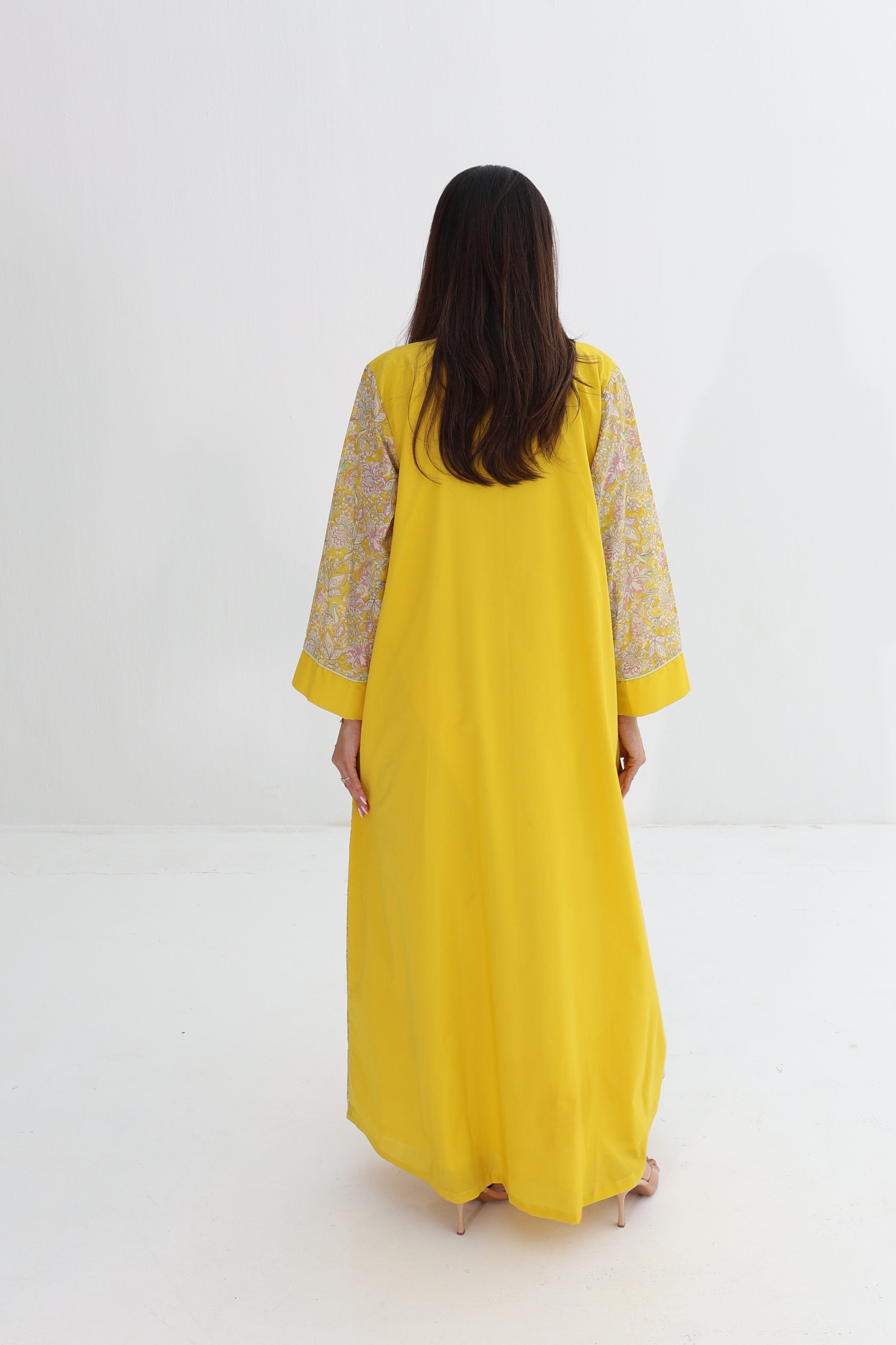 Shams — C04 — Sunshine Yellow Floral Mandarin Collar Open Front Cotton Jalabiya