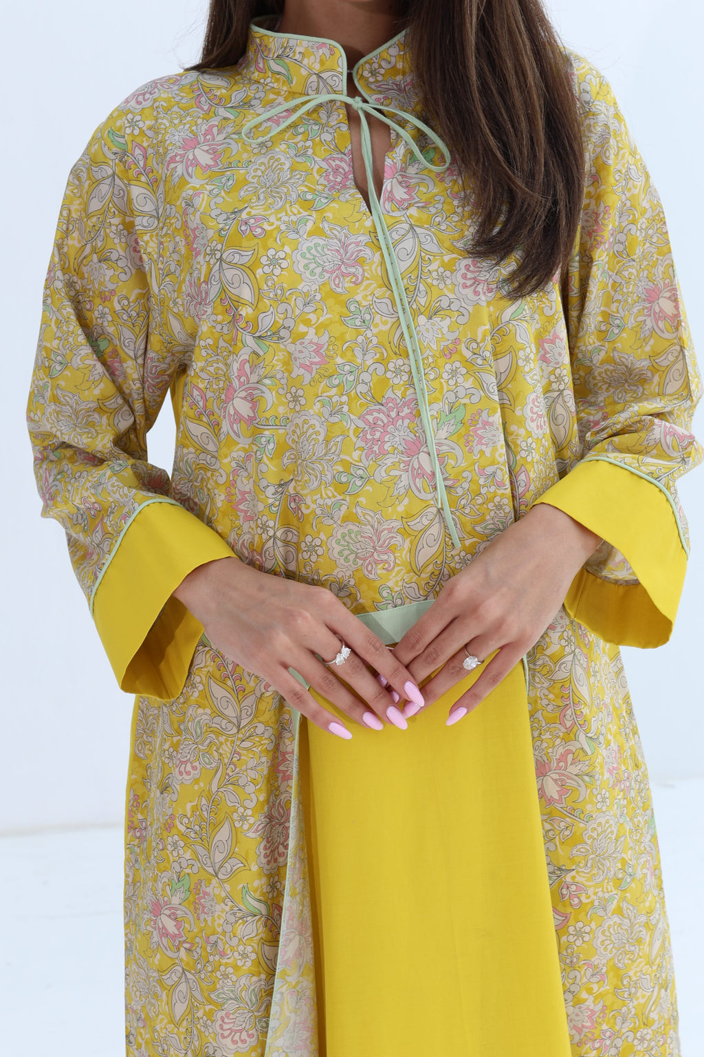 Shams — C04 — Sunshine Yellow Floral Mandarin Collar Open Front Cotton Jalabiya