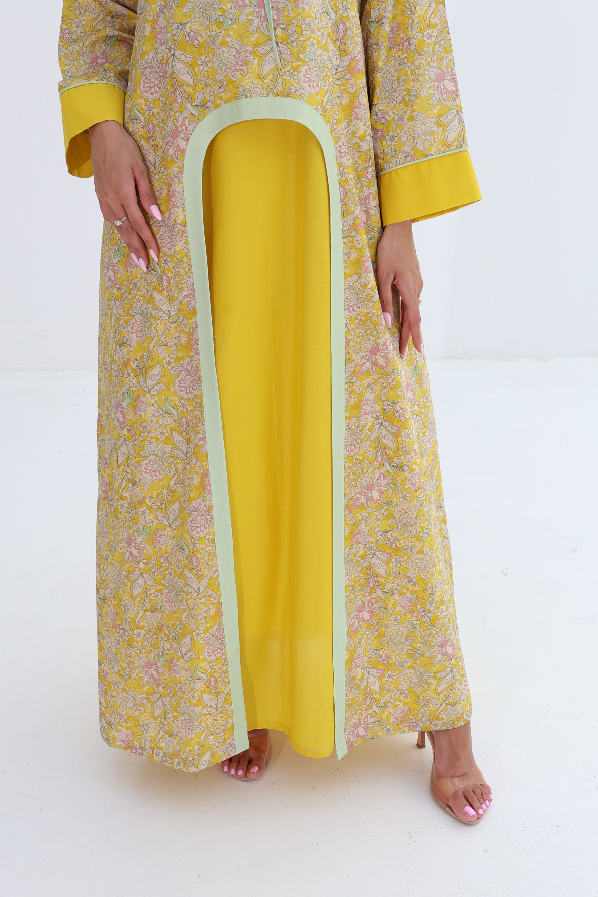 Shams — C04 — Sunshine Yellow Floral Mandarin Collar Open Front Cotton Jalabiya
