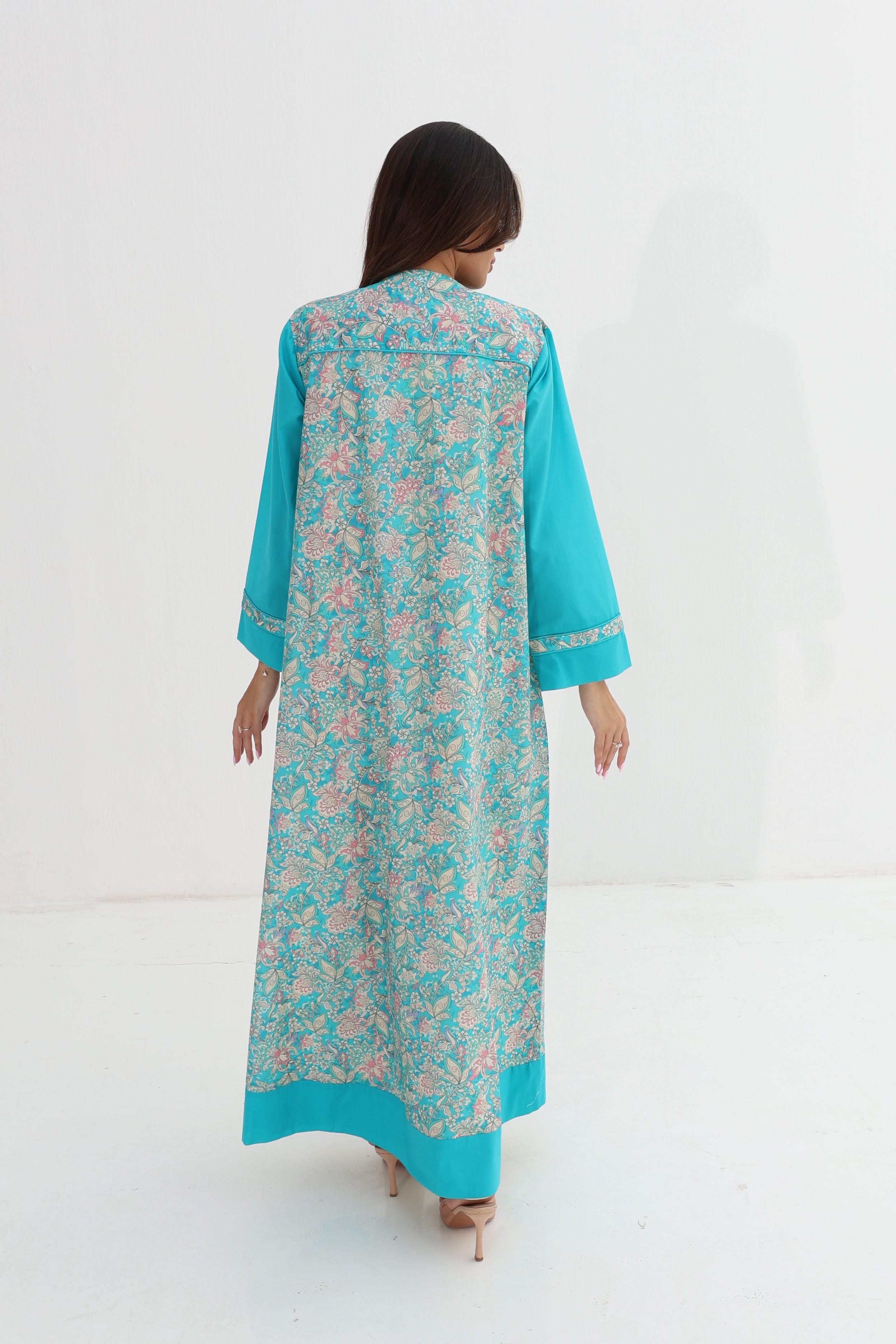 Bahar — C05 — Turquoise Tropical Floral Contrast Sleeve Cotton Jalabiya